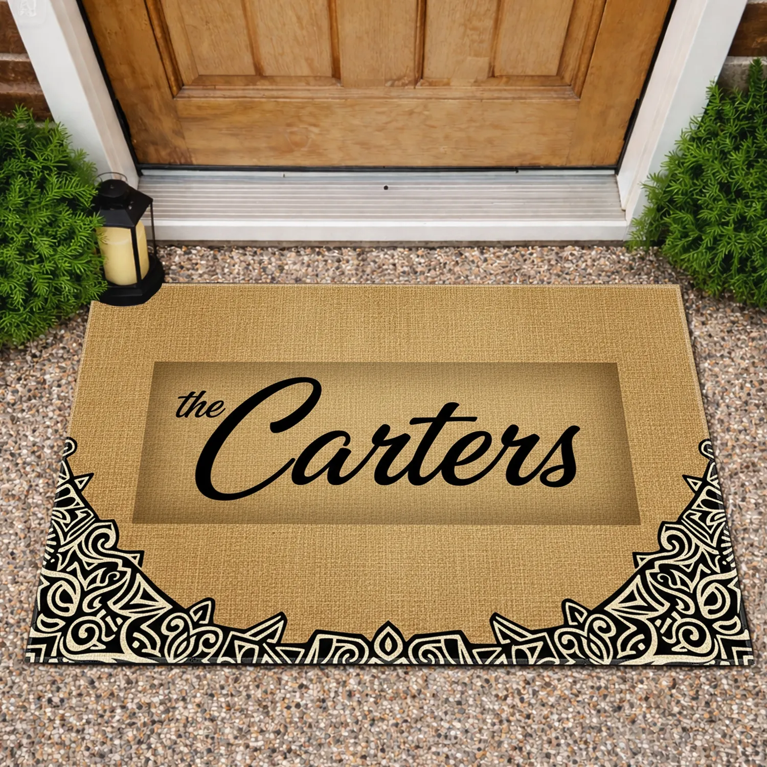 The Custom Script Name Subtle Frame Jute Background Leaf Scrolls - Home Decor Gift Doormat - 1