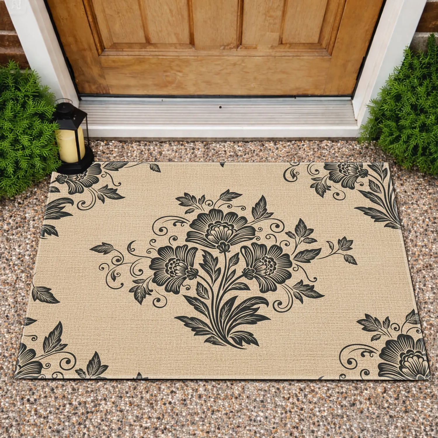 Charcoal Flowers Elegant Stems Varied Leaves Swirling Vines - Home Decor Gift Doormat - 1