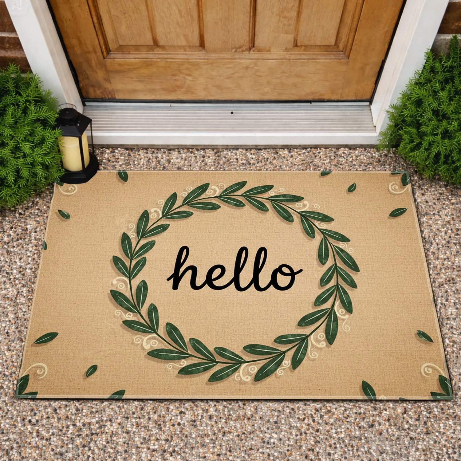 Rustic Hello Wreath Forest Green Leaves - Everyday Home Accent Gift Doormat - 1