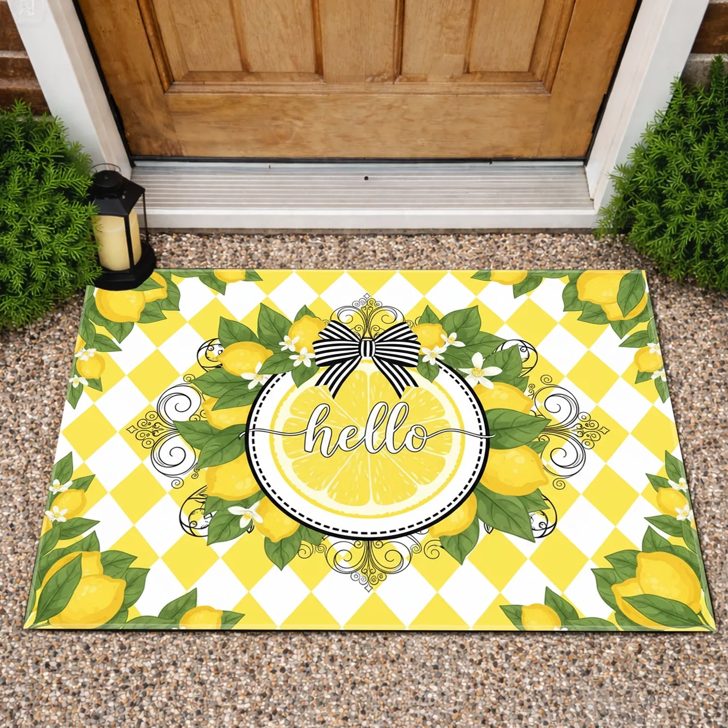 Hello Lemon Slice Black Bow Lemon Branches Greenery Welcoming Decor Doormat - 1