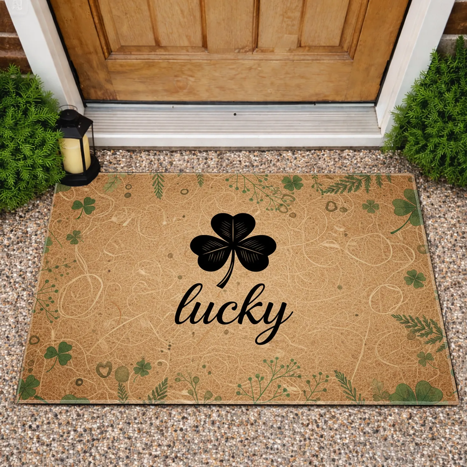 Black Four-Leaf Clover Lucky Botanical - Good Luck Home Decor Gift Doormat - 1