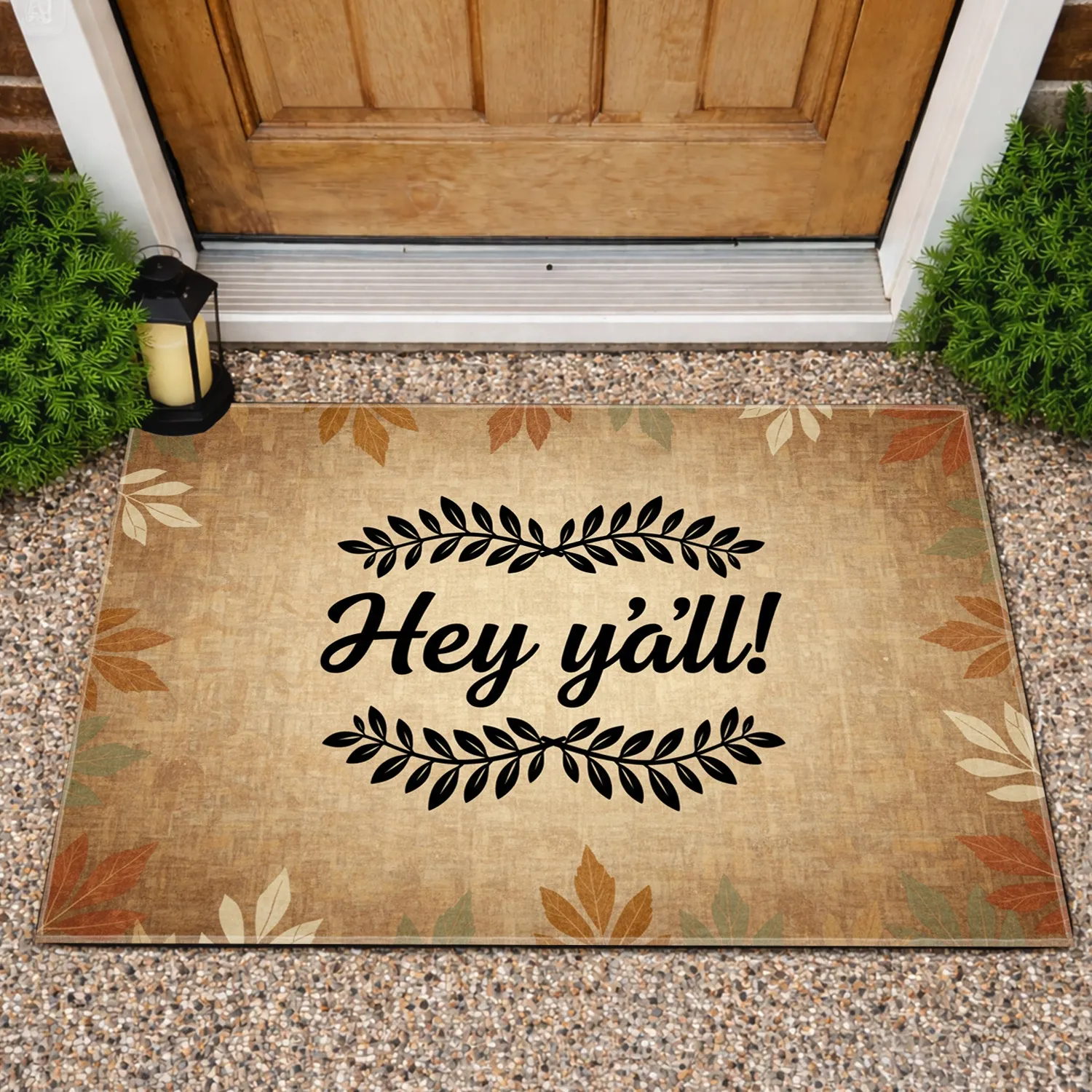 Hey Y'all Script Organic Leaf Branches - Rustic Farmhouse Welcome Decor Doormat - 1