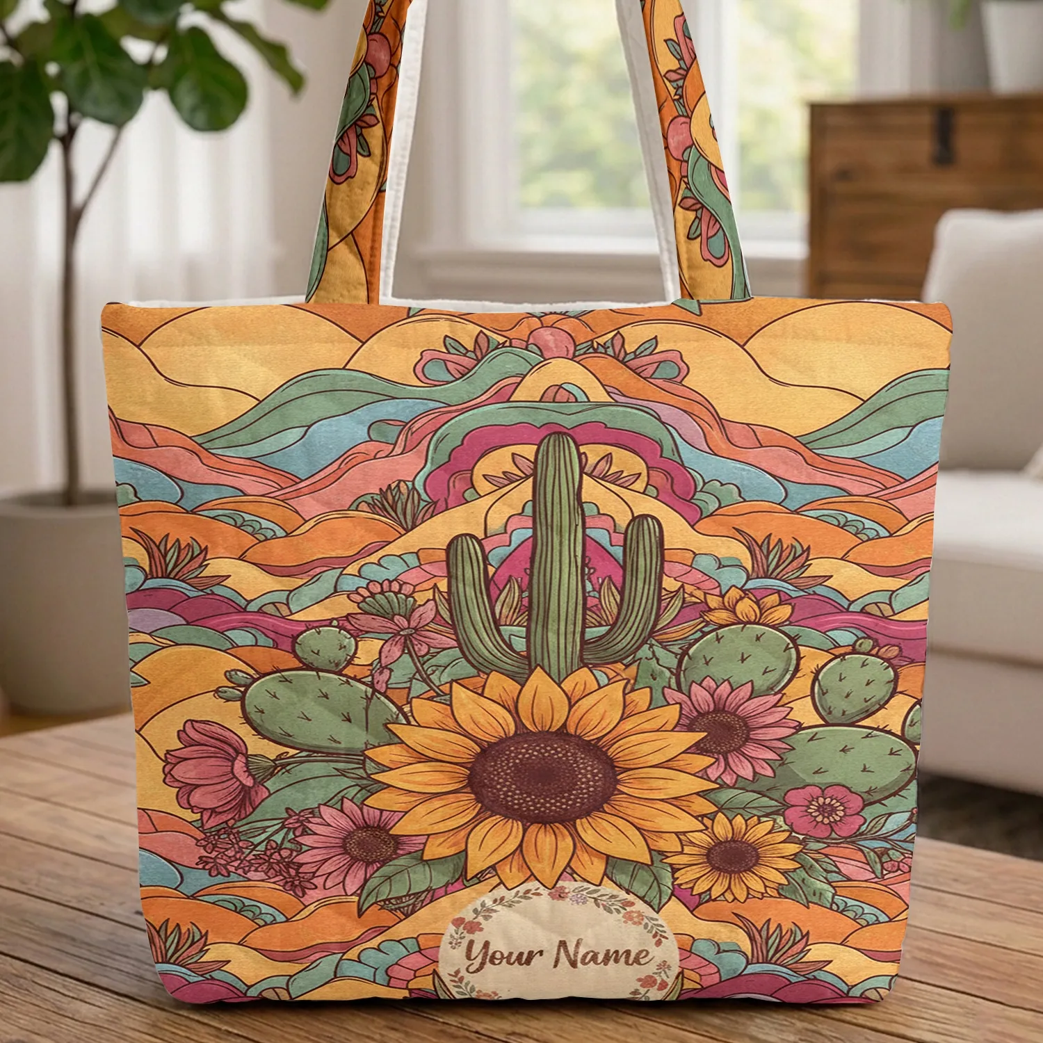 Sunflower Cacti Desert Flowers Mountain Sunset - Everyday Tote Quilted Tote Bag - 1
