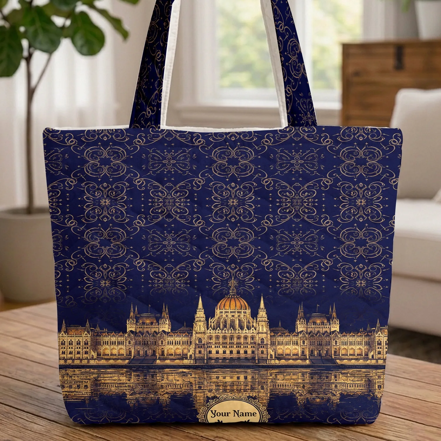 Budapest Parliament Chain Bridge Golden Stars - Travel Essentials Gift for Travelers Quilted Tote Bag - 1
