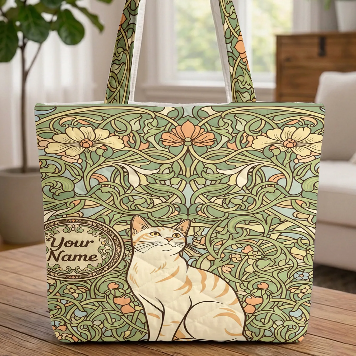 Elegant Cream Cat Art Nouveau Flowers Vines - Cat Lover Everyday Carry Quilted Tote Bag - 1