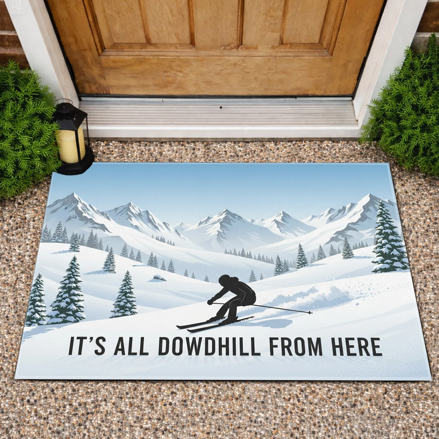 Skier Carving Snow Peaks 'It's All Downhill From Here' - Ski Lover Outdoor Decor Doormat - 1