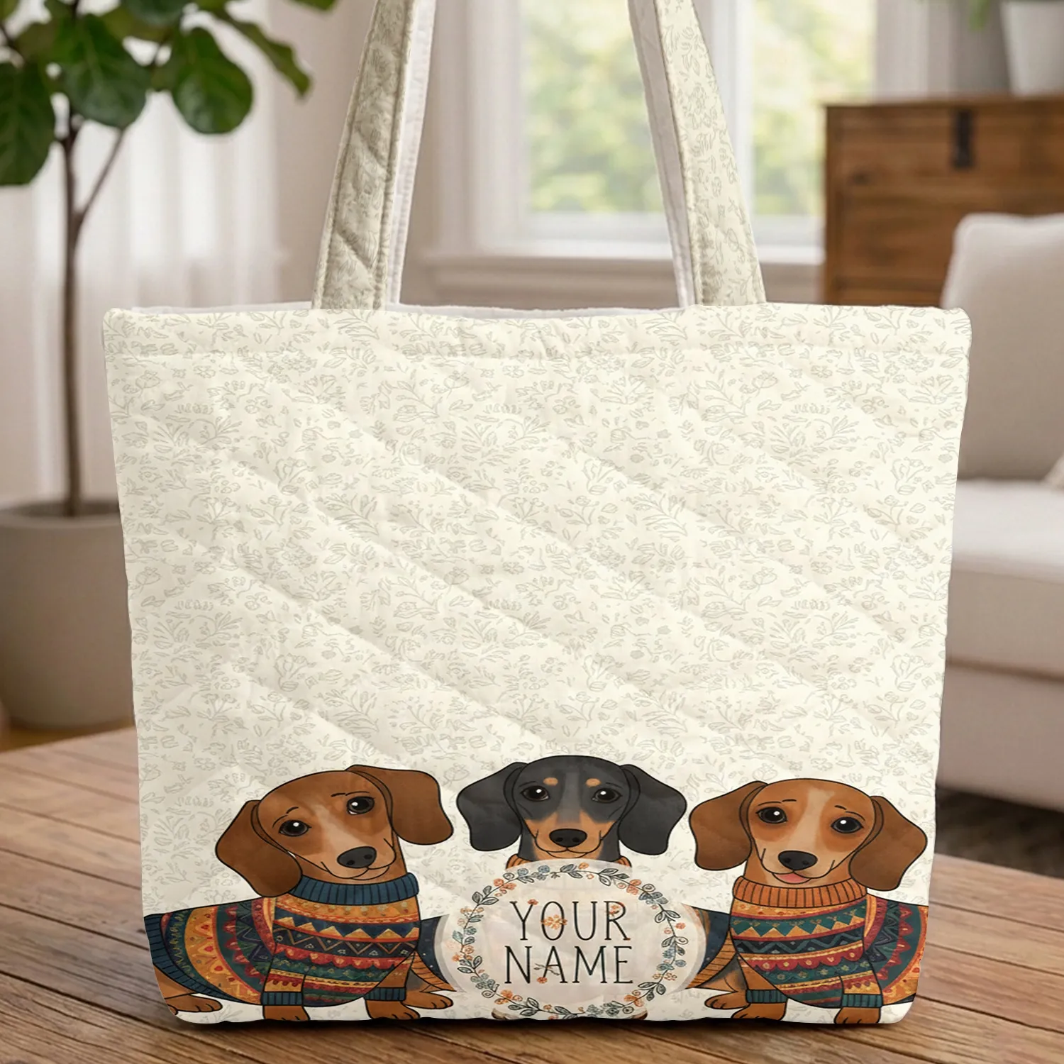 Folk Art Dachshund Dogs Patterned Sweaters Floral Wreath Your Name - Dachshund Lover Gift Quilted Tote Bag - 1