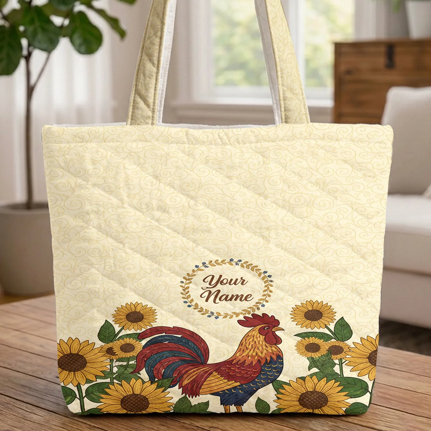 Ornate Rooster Sunflowers Floral Wreath - Farmhouse Decor Gift Quilted Tote Bag - 1