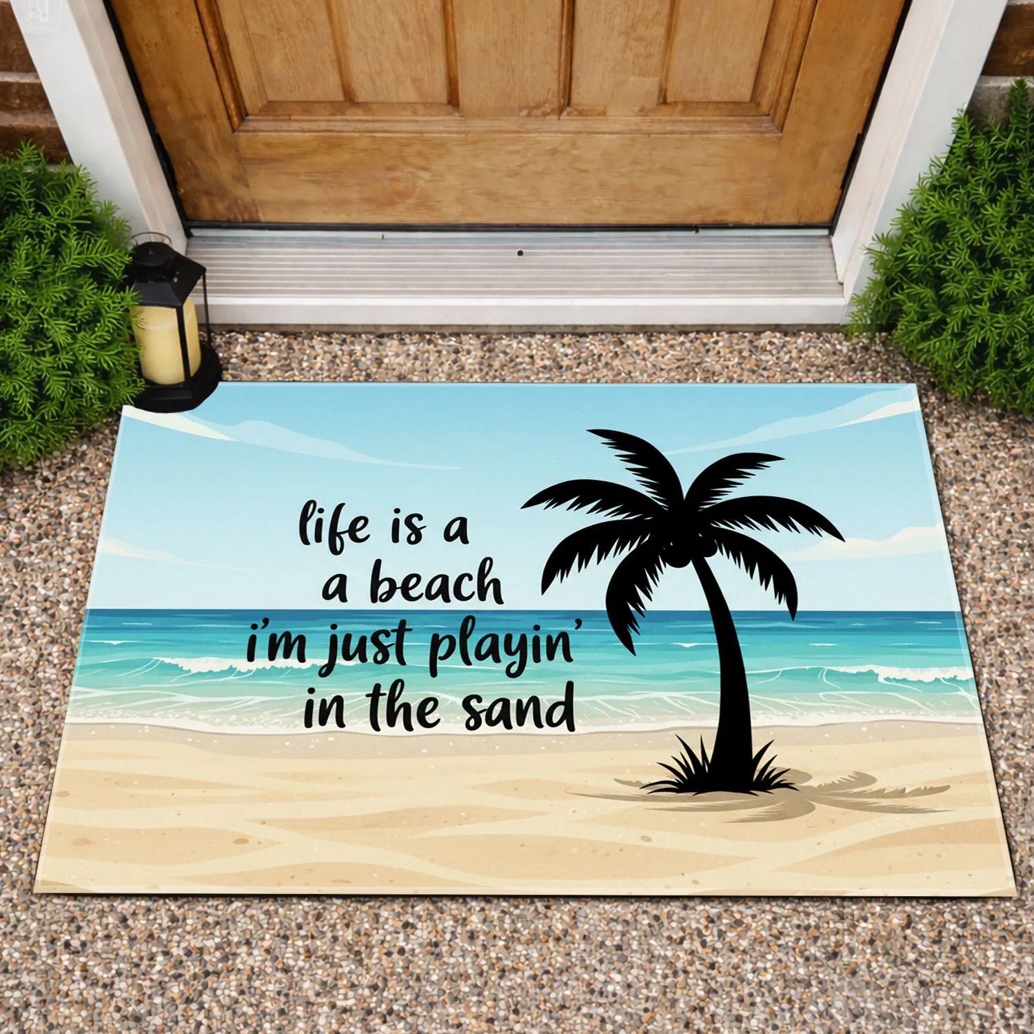 Palm Tree Beach Scene 'Life Is A Beach' Quote - Beach Lifestyle Decor Doormat - 1
