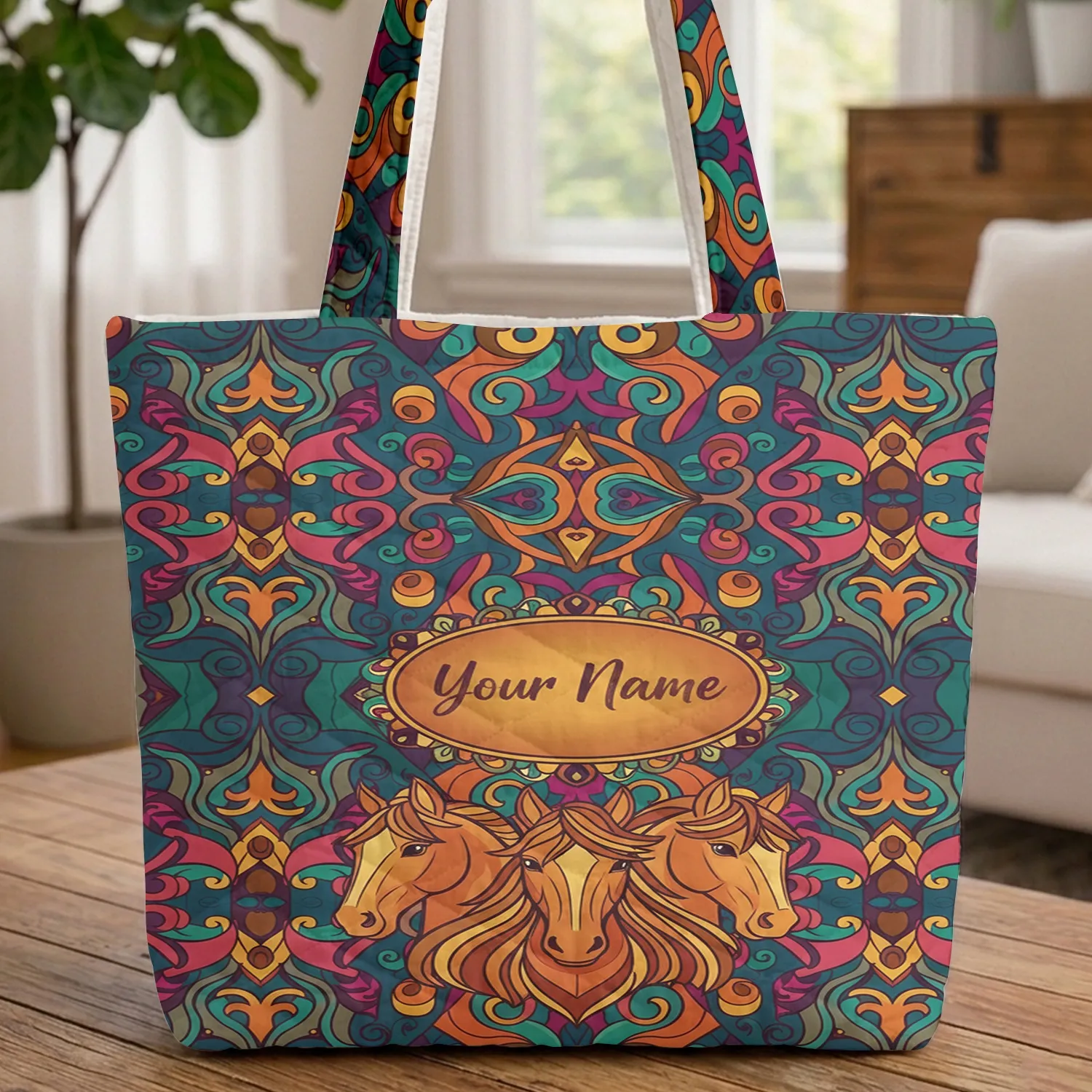 Horse Heads Southwestern Textile Folk Art - Horse Lover Gift Quilted Tote Bag - 1