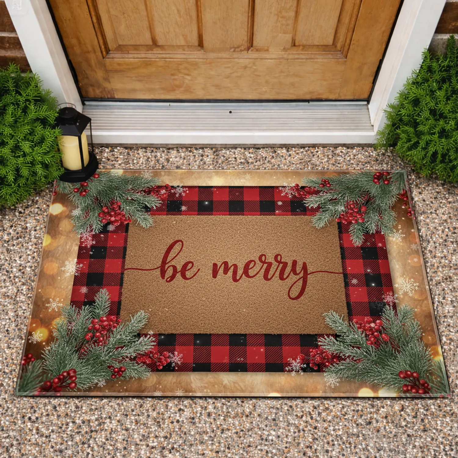 Be Merry Doormat Buffalo Plaid Christmas Winter Gift - 1