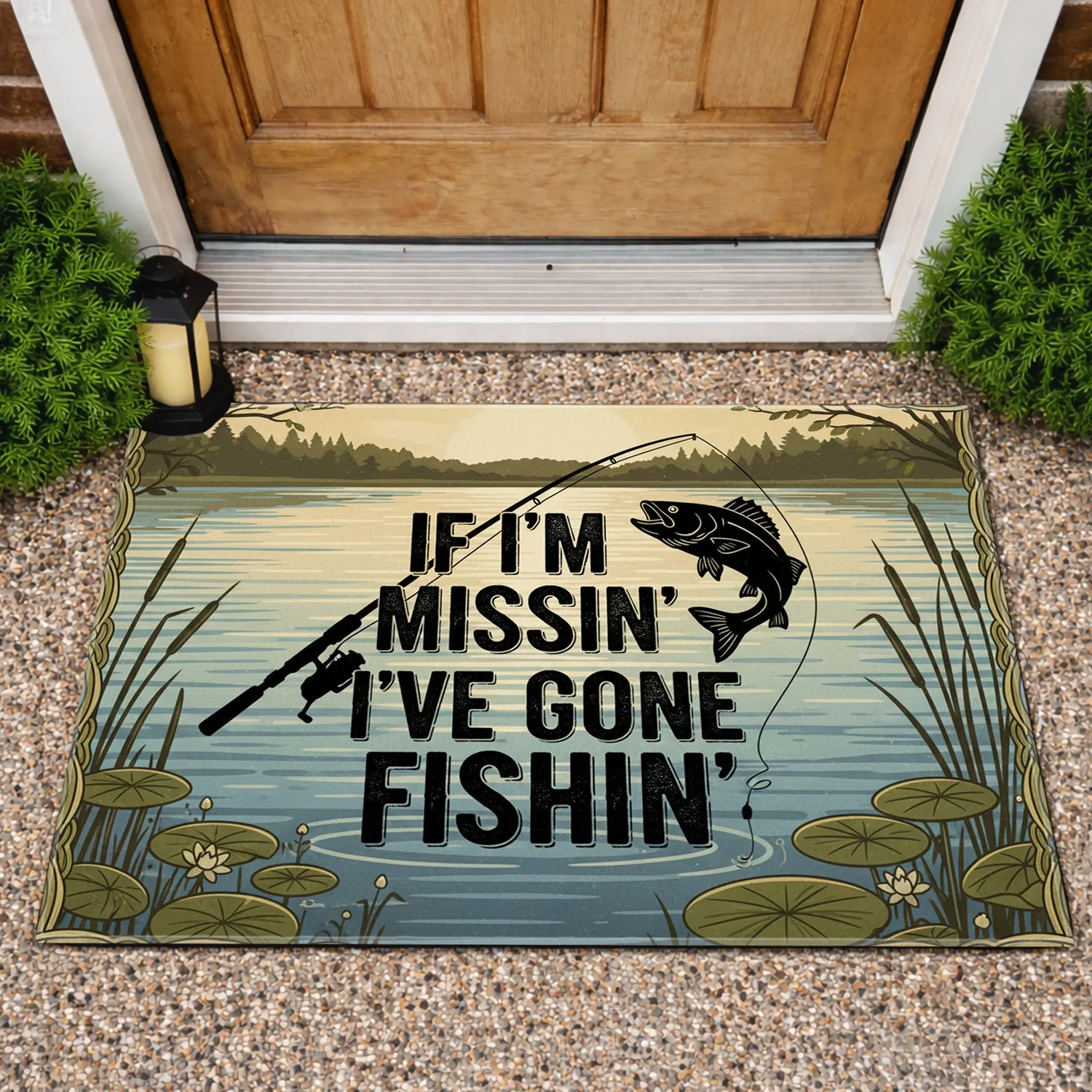 If I'm Missin' I've Gone Fishin' Rod Fish Lake Scene - Fishing Lover Home Decor Gift for Dad Doormat - 1