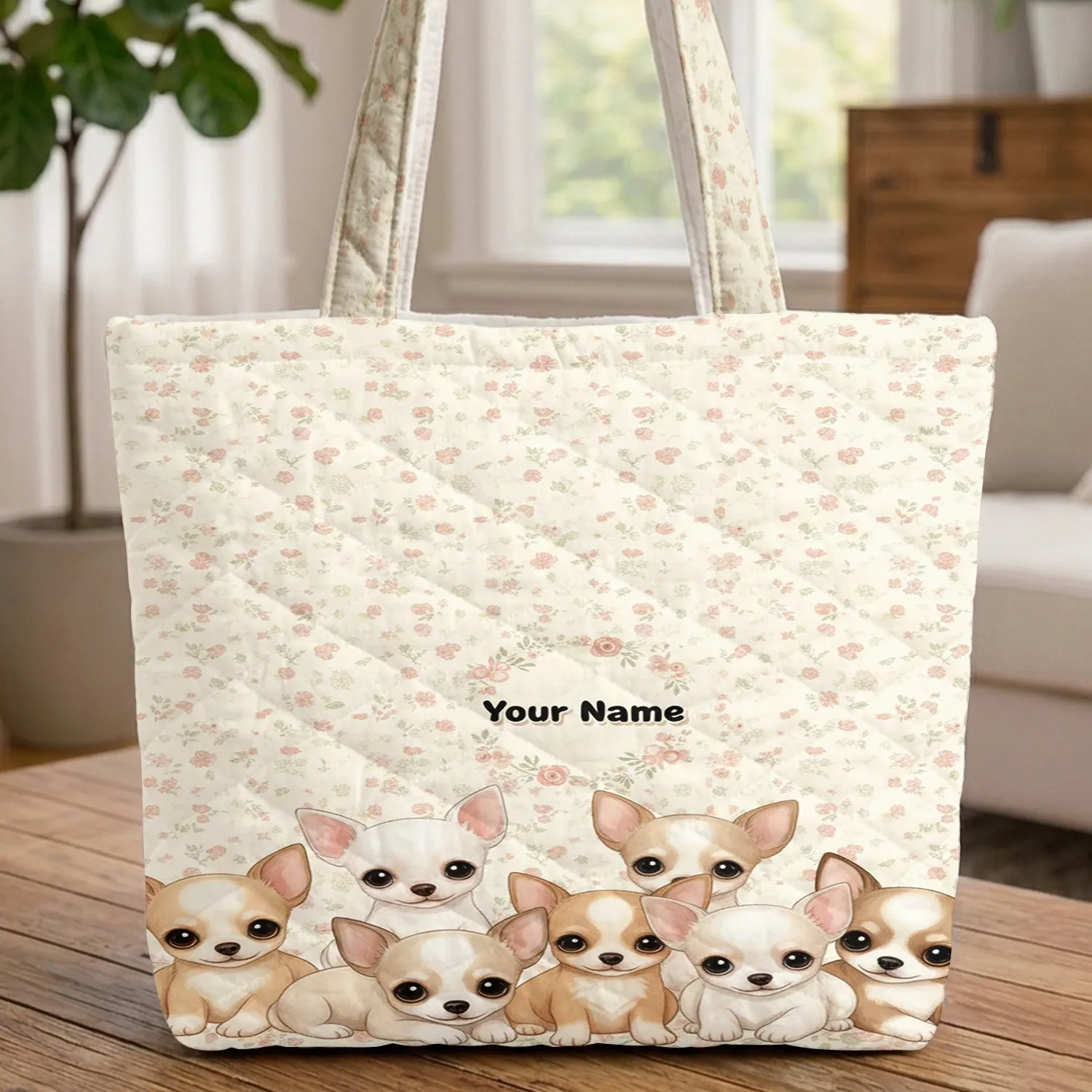Six Chihuahua Puppies Floral Wreath - Pet Parent Everyday Gift Quilted Tote Bag - 1