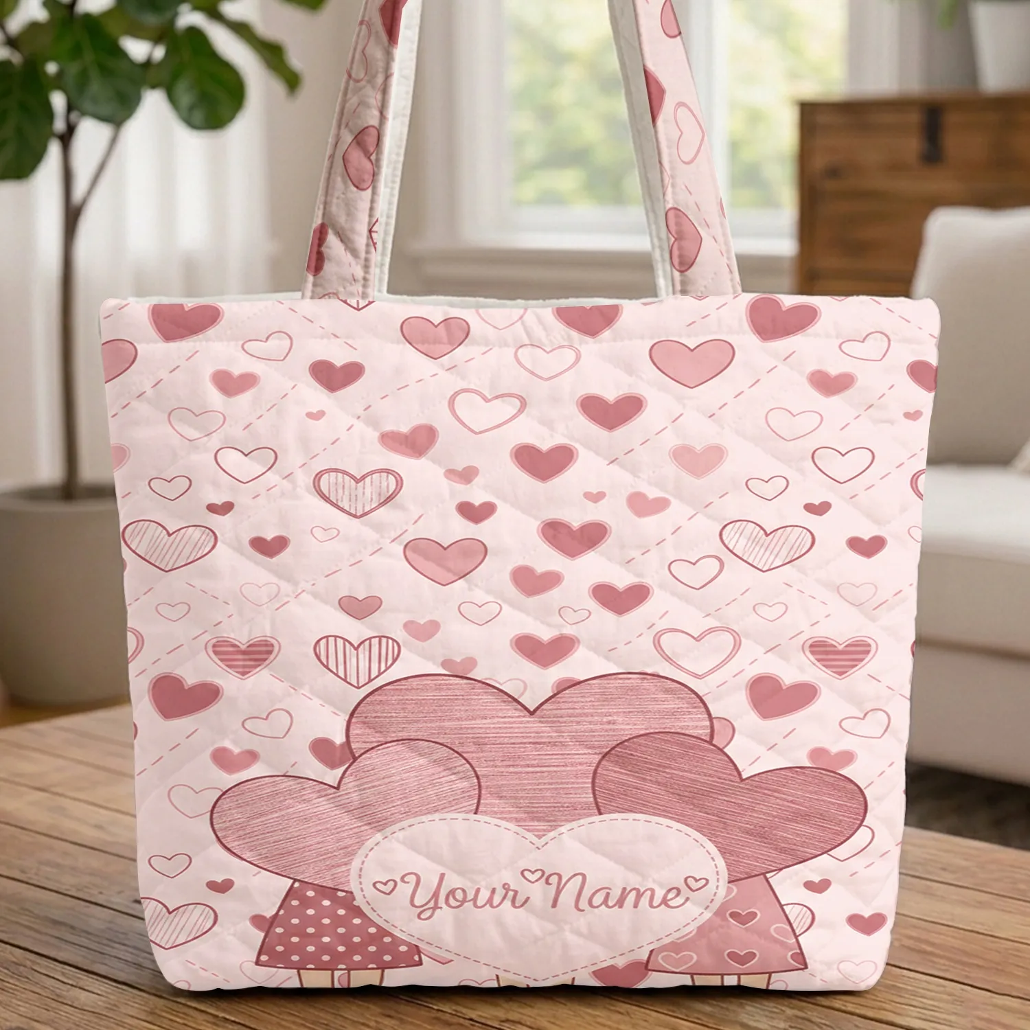 Scattered Ornate Hearts Personalized Name - Everyday Lifestyle Gift Quilted Tote Bag - 1