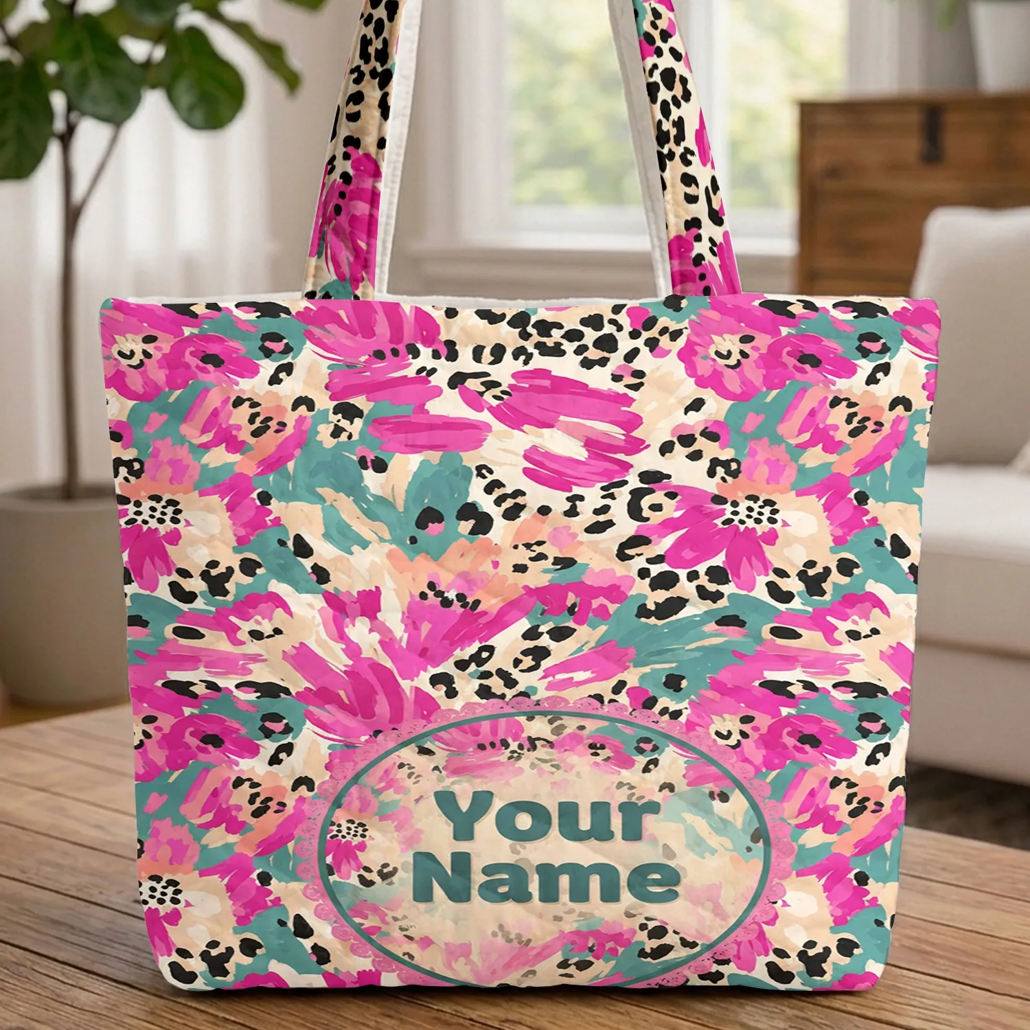 Personalized Name Floral Leopard Medallion Everyday Carry Gift Quilted Tote Bag - 1