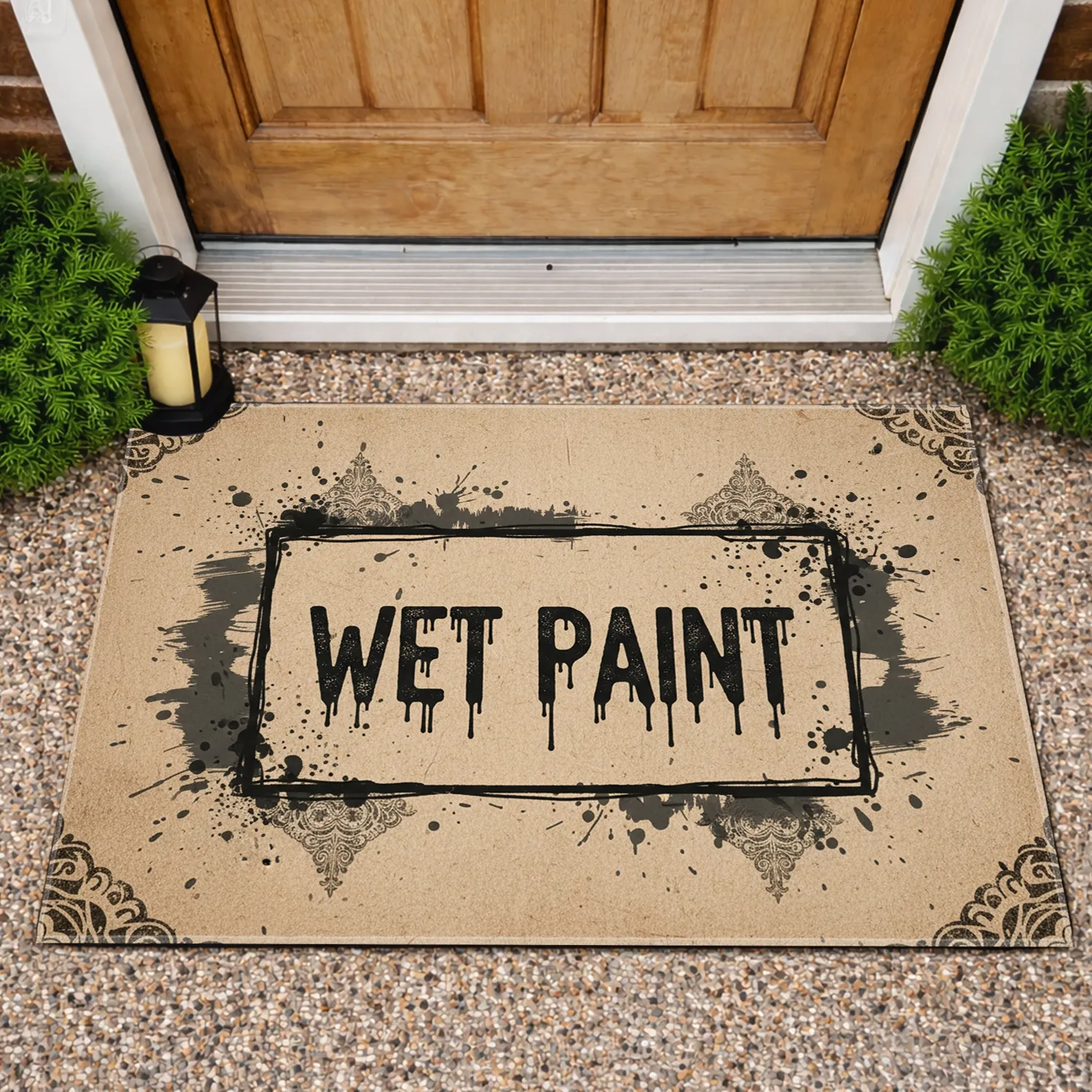 Wet Paint Drip Text Distressed Border Rustic Wood Panel Texture - Workshop Decor Gift Doormat - 1