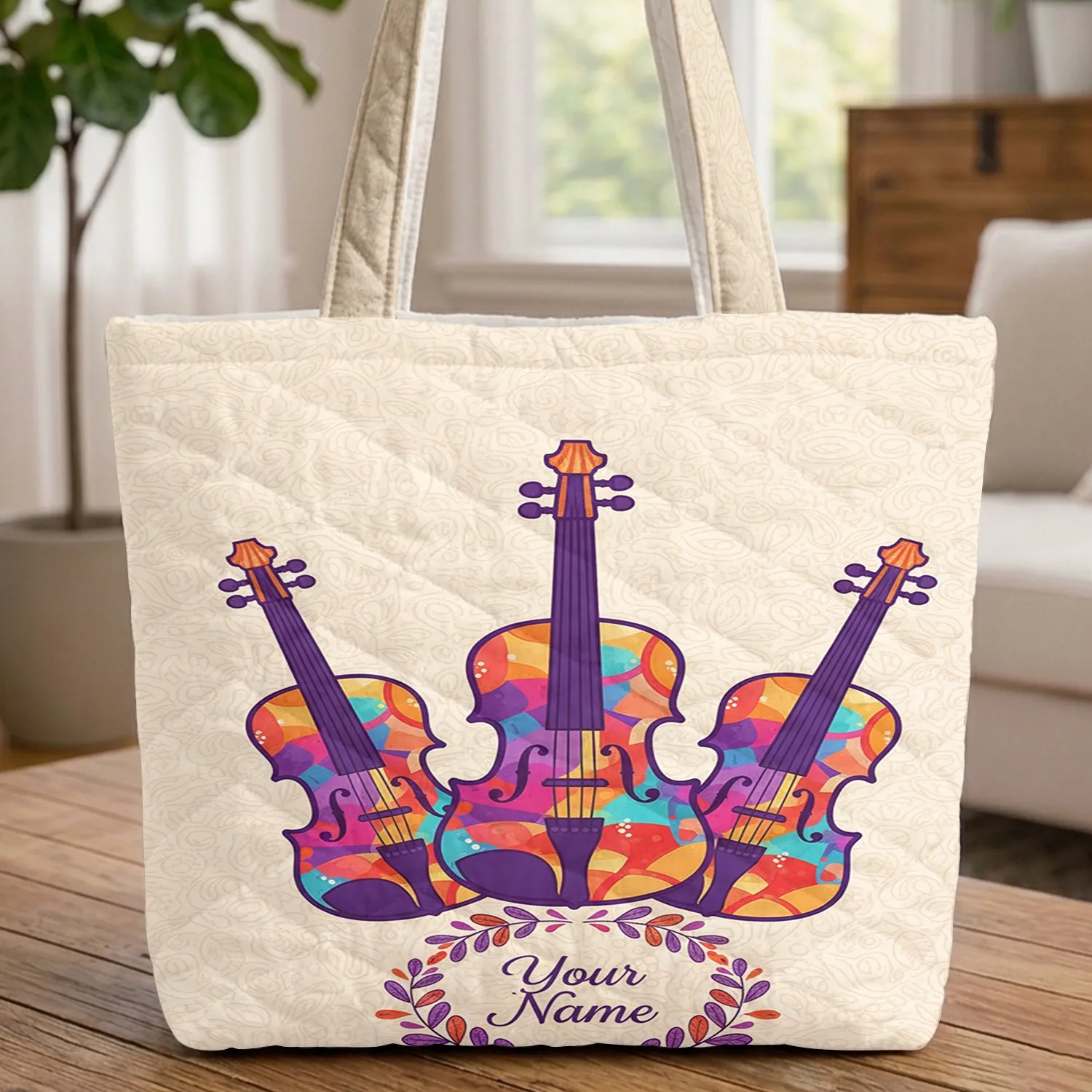 Mosaic Violins Custom Name Floral Wreath - Music Lover Everyday Gift Quilted Tote Bag - 1