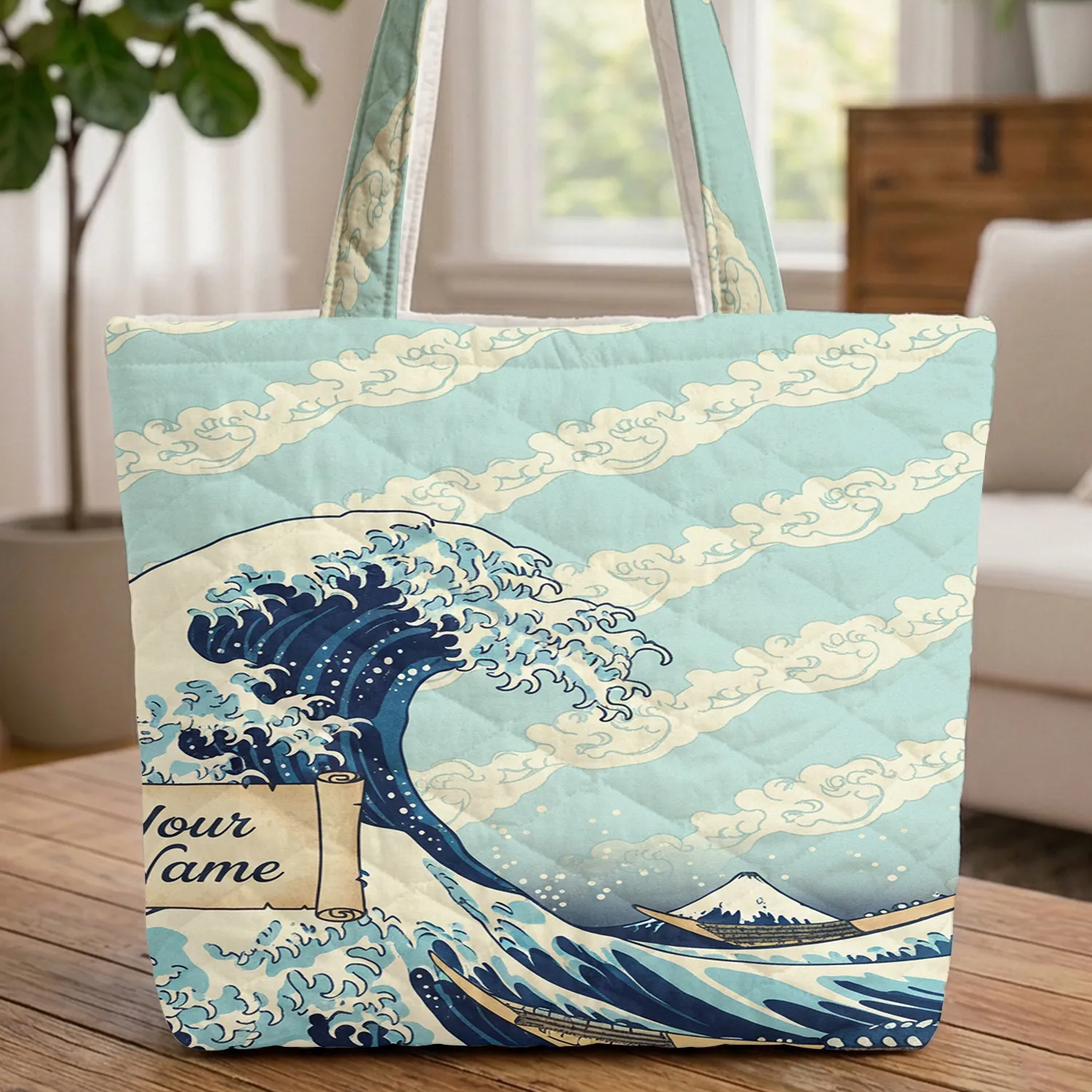 Great Wave Kanagawa Mount Fuji Japanese Clouds Name Scroll - Travel Gift Quilted Tote Bag - 1