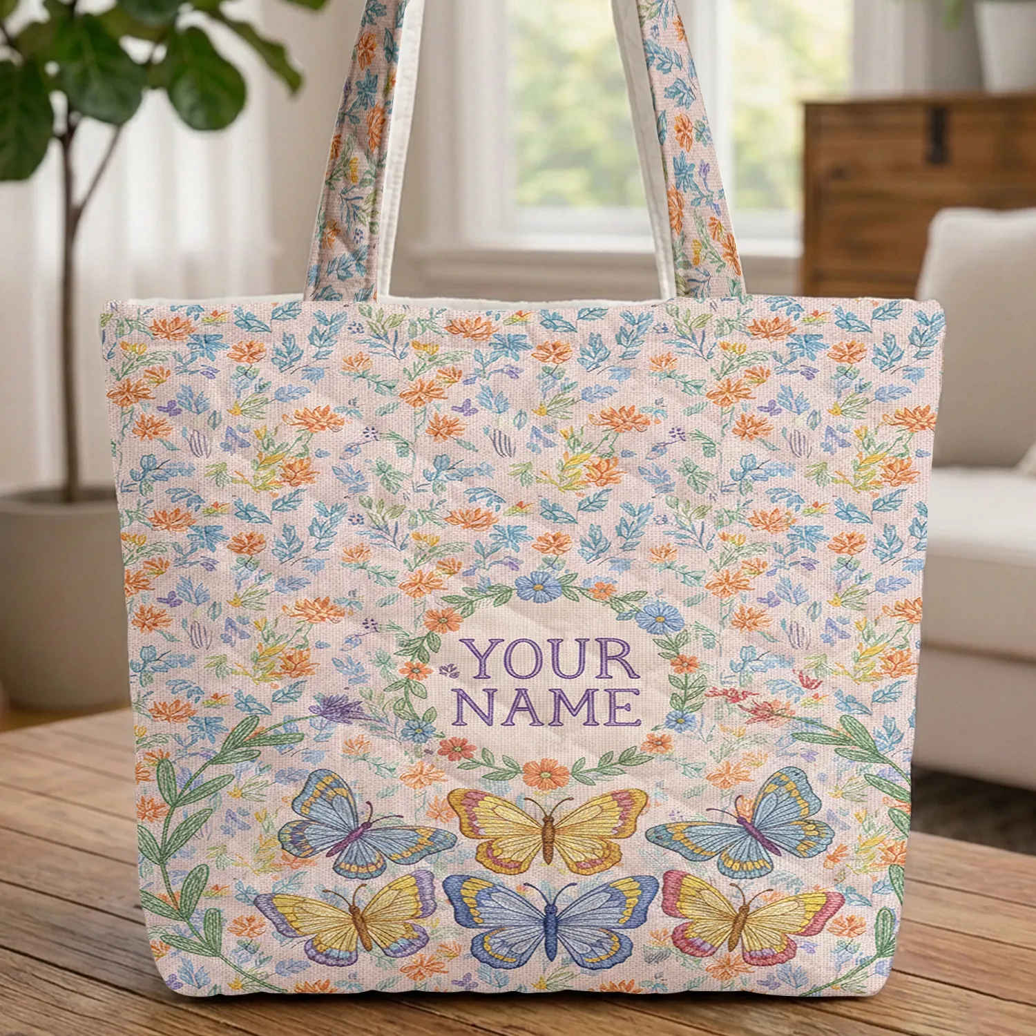 Textured Wing Butterflies Floral Name Flowers - Everyday Carryall Gift Quilted Tote Bag - 1