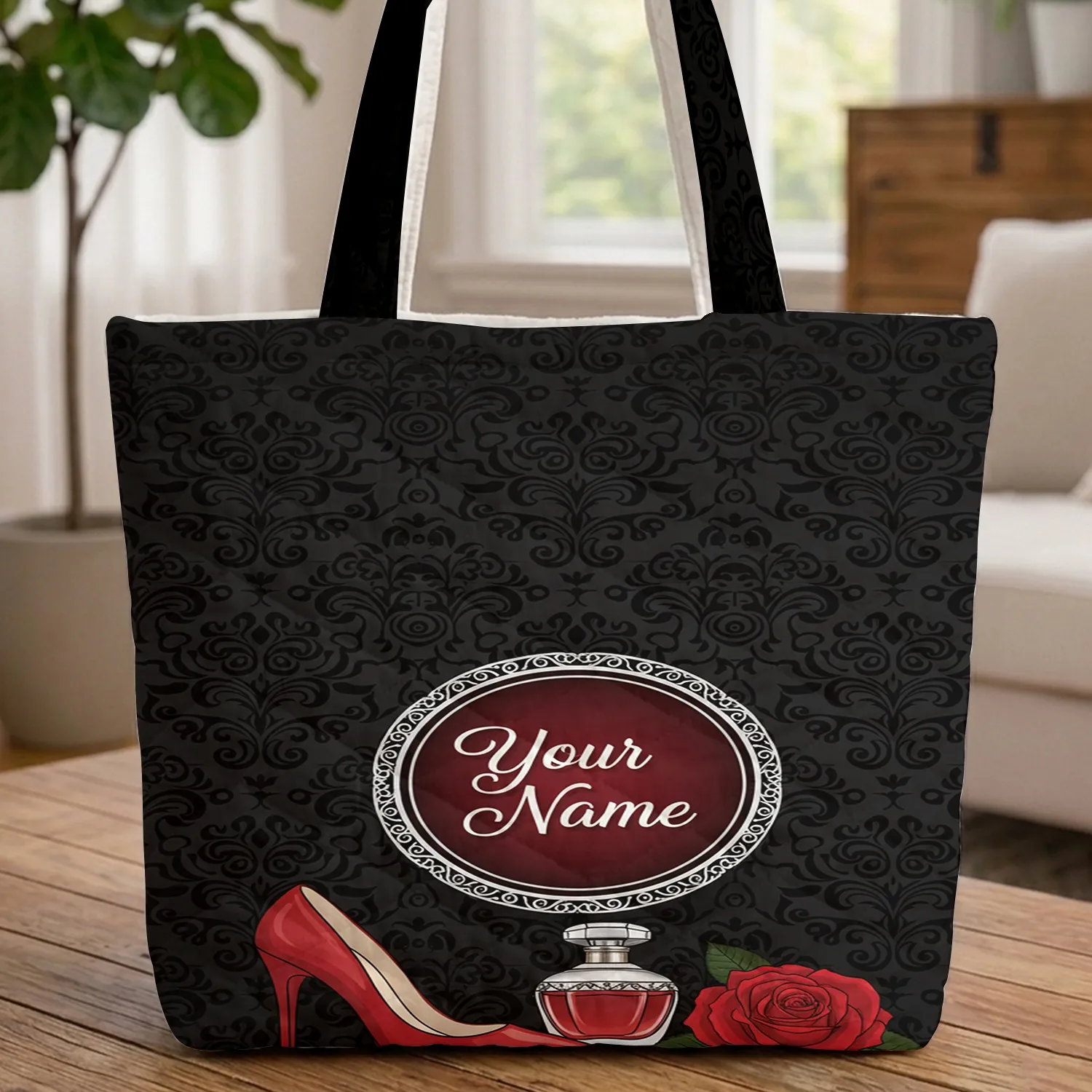 Stiletto Shoe Perfume Bottle Rose Damask - Fashion Lifestyle Everyday Essentials Quilted Tote Bag - 1