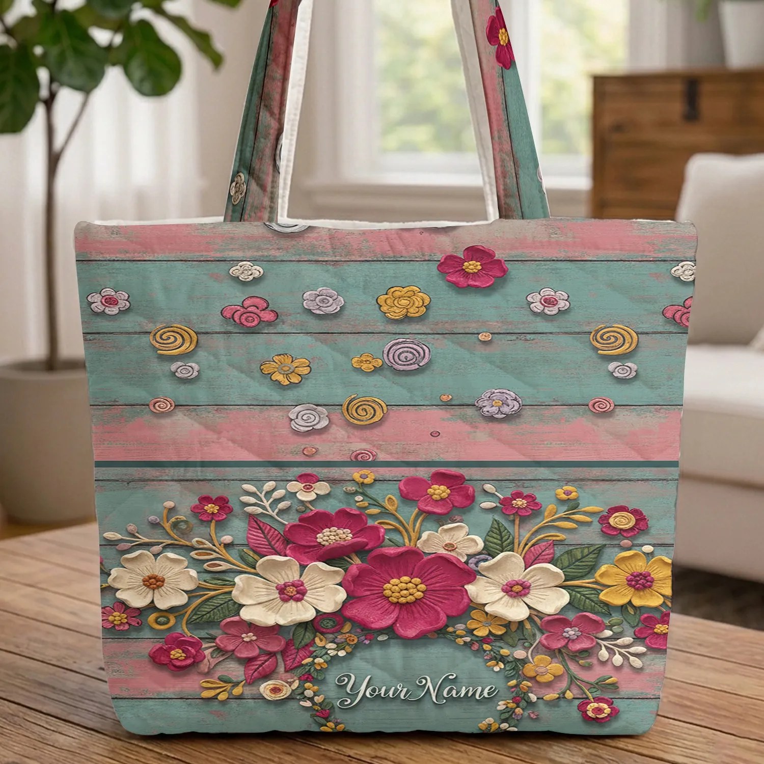 Folk Art Floral Bouquet Rustic Wood Planks - Farmhouse Bag Gift Quilted Tote Bag - 1
