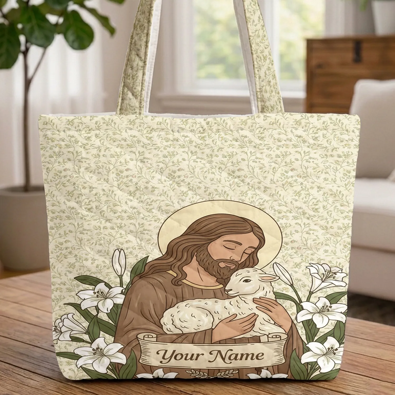 Haloed Human Lamb Lilies Laurel Sprig Scroll Ditsy Floral - Everyday Carry Gift Quilted Tote Bag - 1