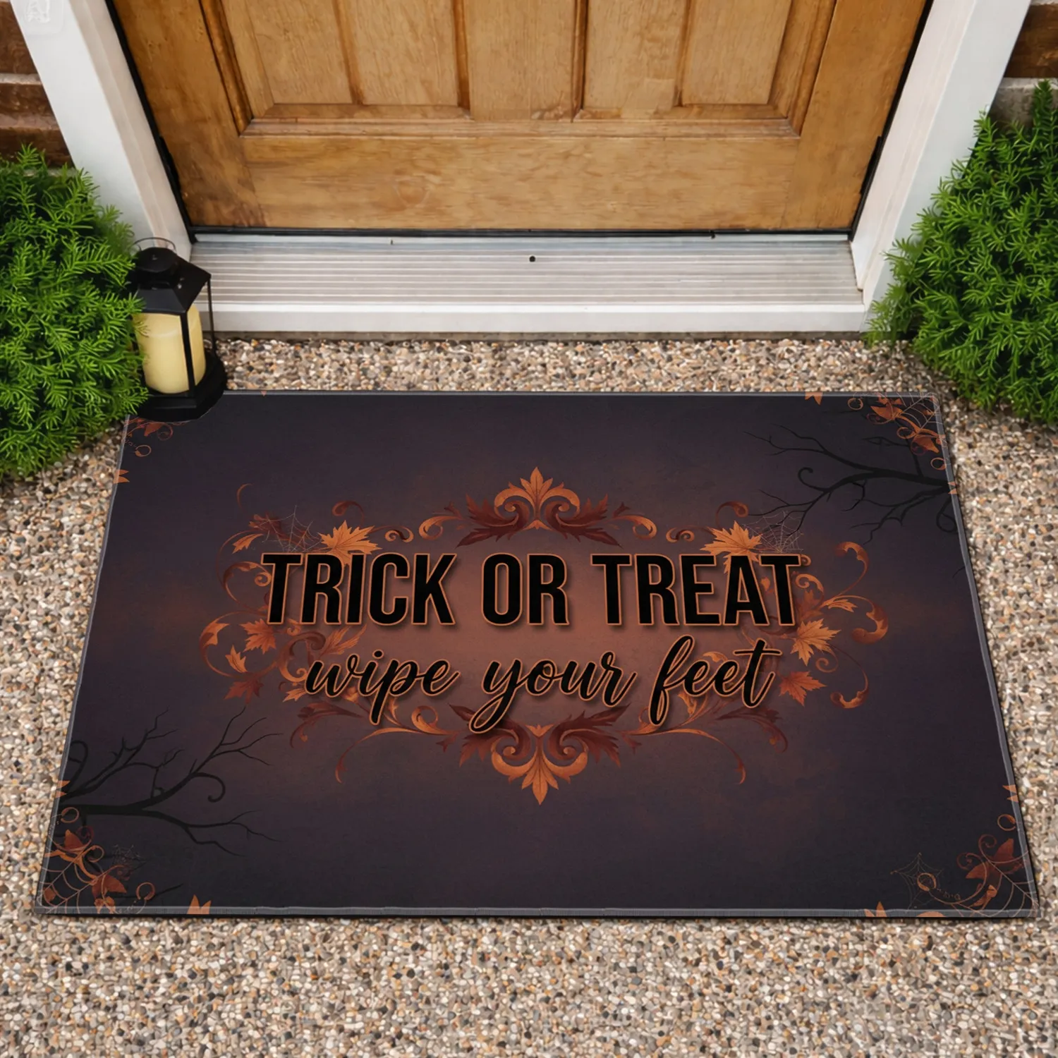 TRICK OR TREAT wipe your feet Autumn Leaves Spiderweb - Halloween Home Decor Doormat - 1