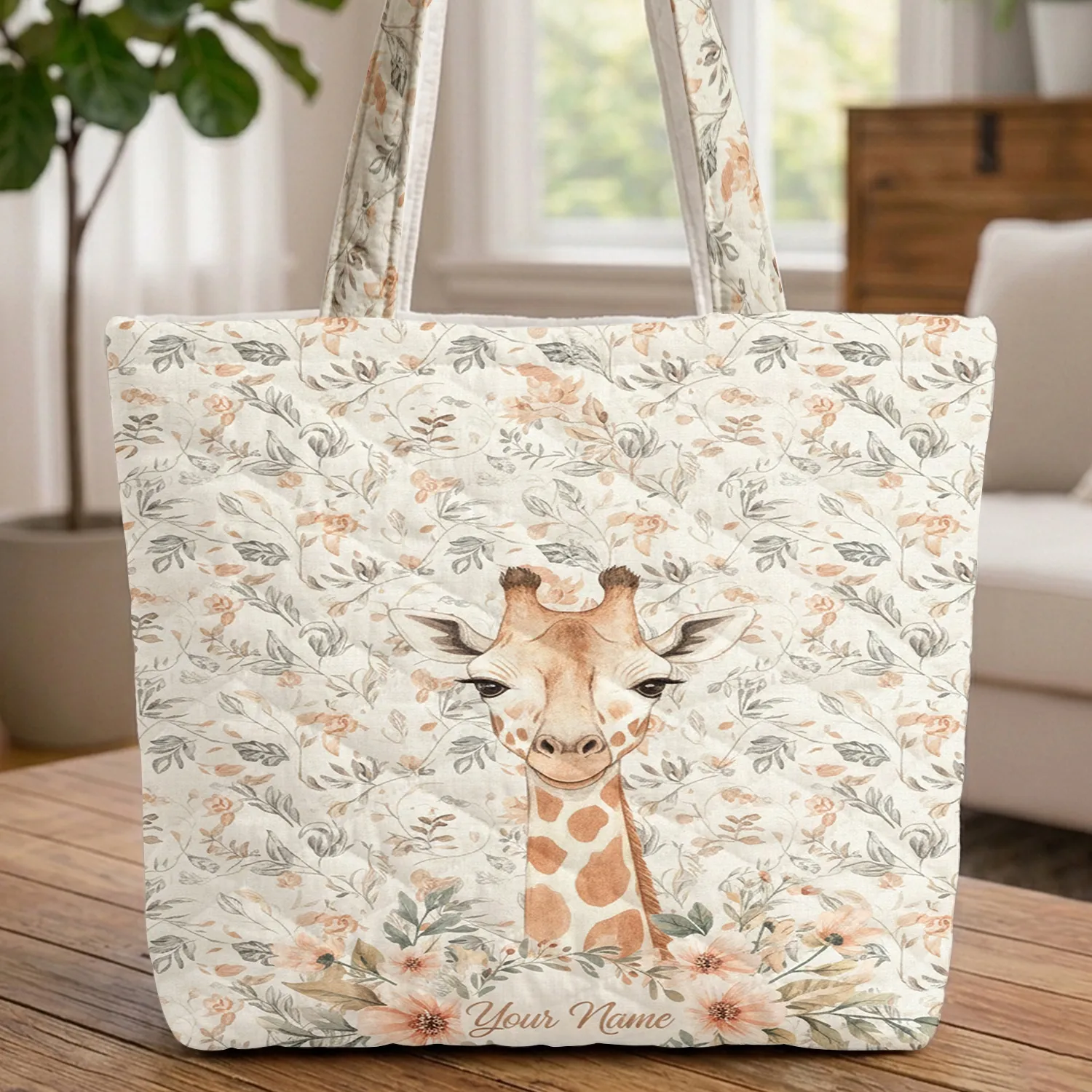 Graceful Giraffe Personalized Name Botanical Floral Scrollwork - Wildlife Lover Everyday Tote Quilted Tote Bag - 1