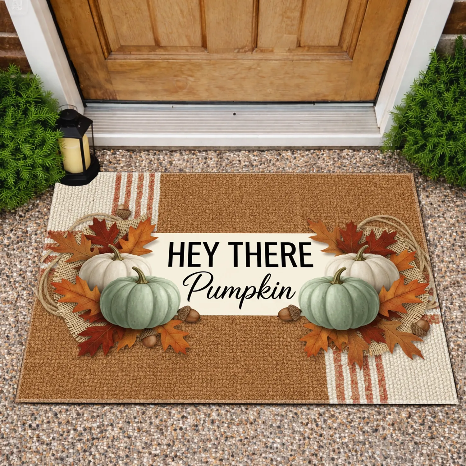 HEY THERE Pumpkin Gourds Autumn Leaves - Fall Outdoor Decor Display Doormat - 1
