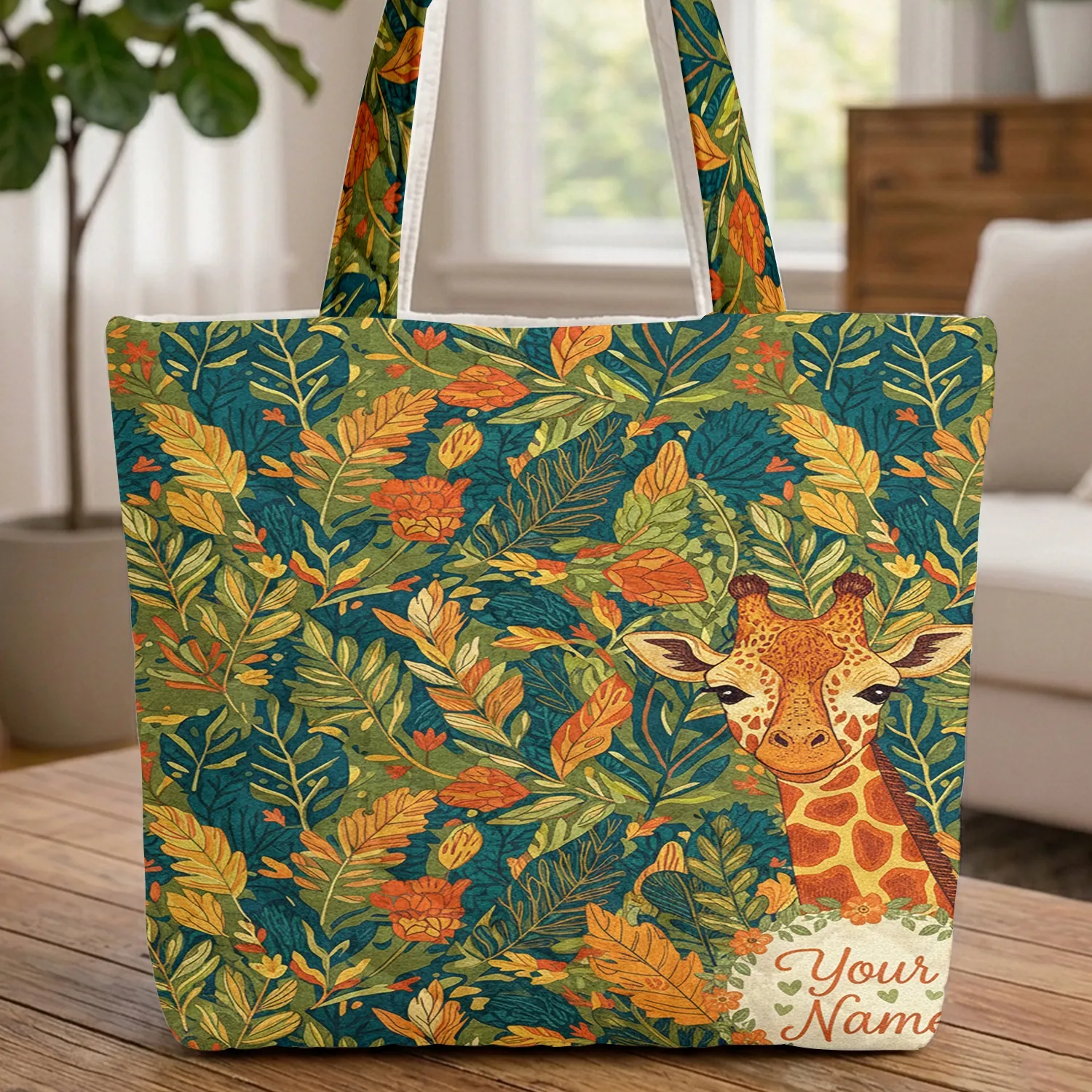 Giraffe Head Tropical Foliage Floral Wreath - Wildlife Lover Gift Quilted Tote Bag - 1