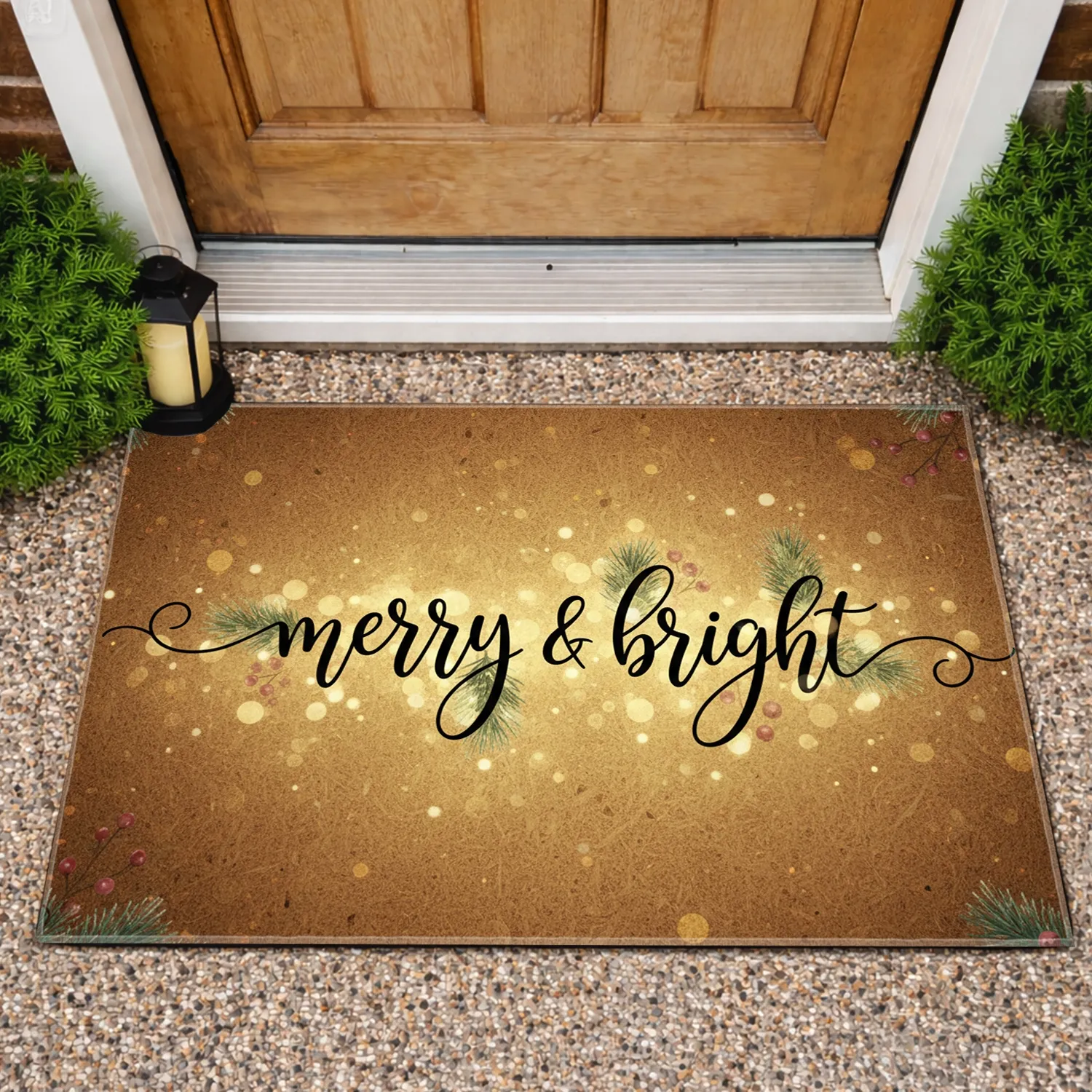Merry & Bright Script Pine Berry Lights - Christmas Holiday Gift Doormat - 1
