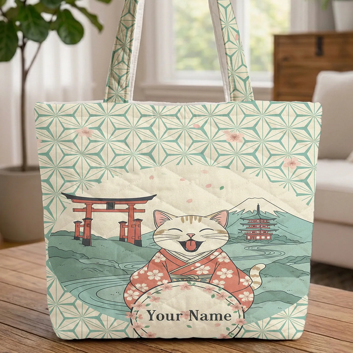 Kimono Cat Yawn Japanese Landscape Asanoha Cherry Blossom Your Name Cat Lover Gift Quilted Tote Bag - 1