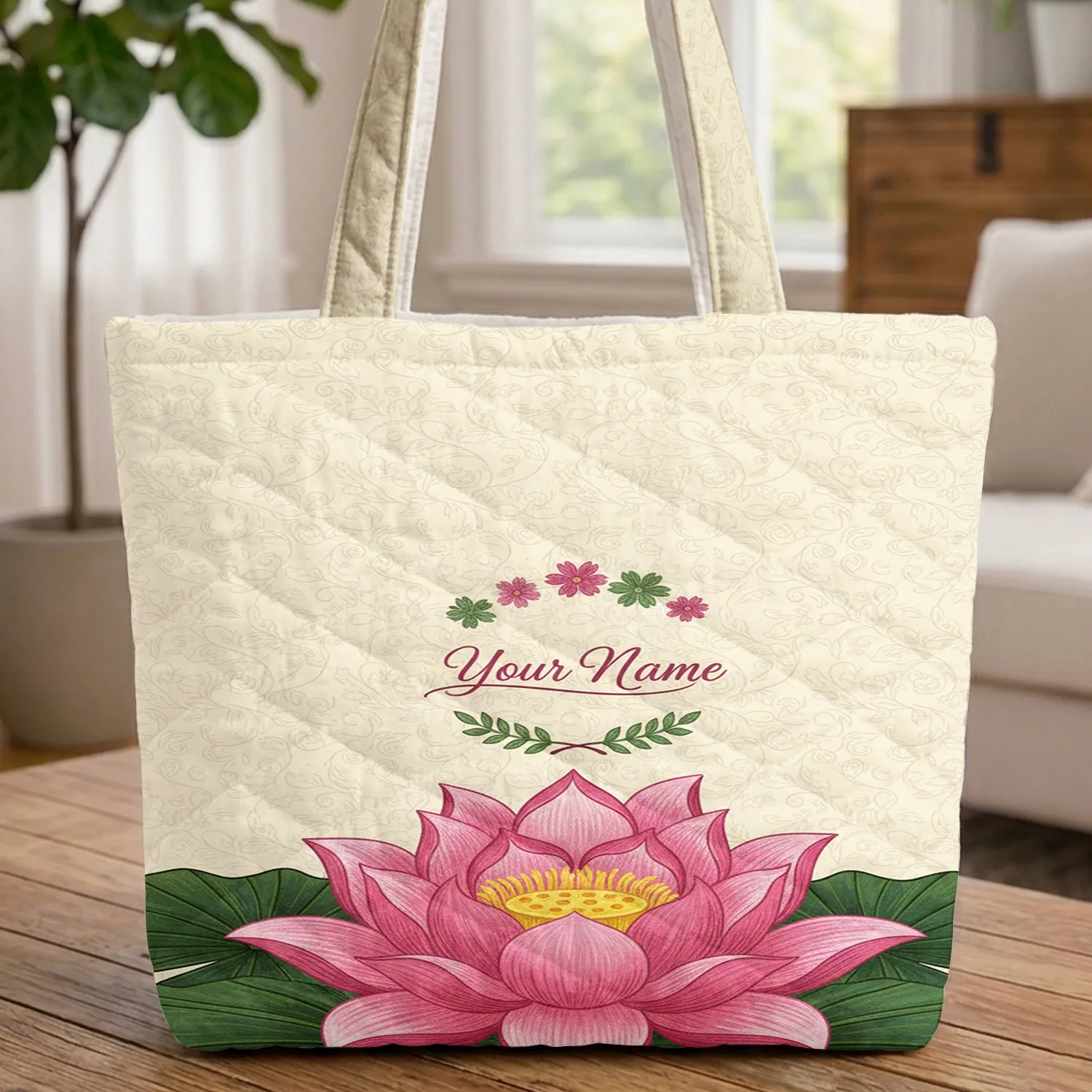 Ornate Lotus Flower Botanical Vines Floral Wreath Personalized Gift Quilted Tote Bag - 1