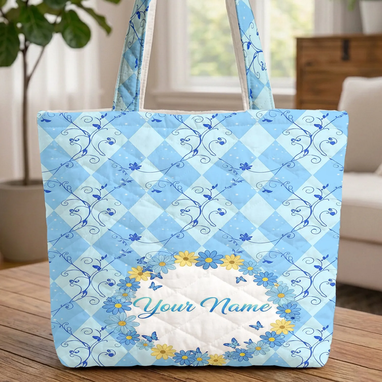 Blue Butterfly Yellow Daisy Name Wreath - Floral Lover Gift Quilted Tote Bag - 1