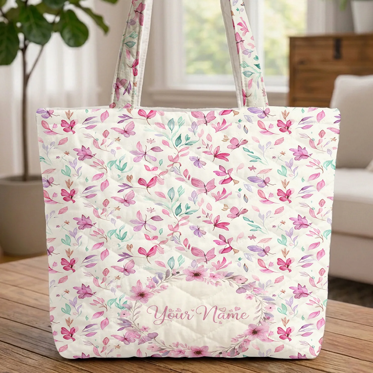 Botanical Wreath Butterflies Floral Script - Everyday Lifestyle Gift Quilted Tote Bag - 1