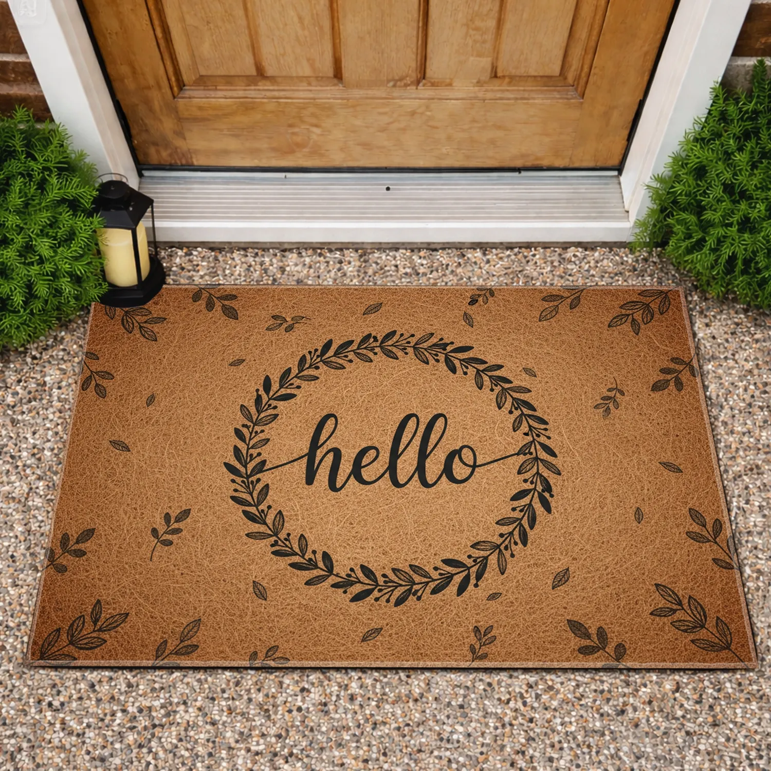 Hello Botanical Leaf Twig Wreath - Rustic Welcome Home Decor Gift Doormat - 1