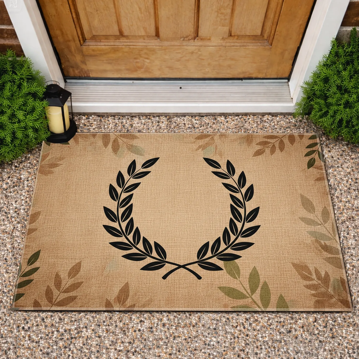 Botanical Laurel Wreath Organic Leaves Natural Fiber Warm Earthy Tones - Home Decor Gift Doormat - 1