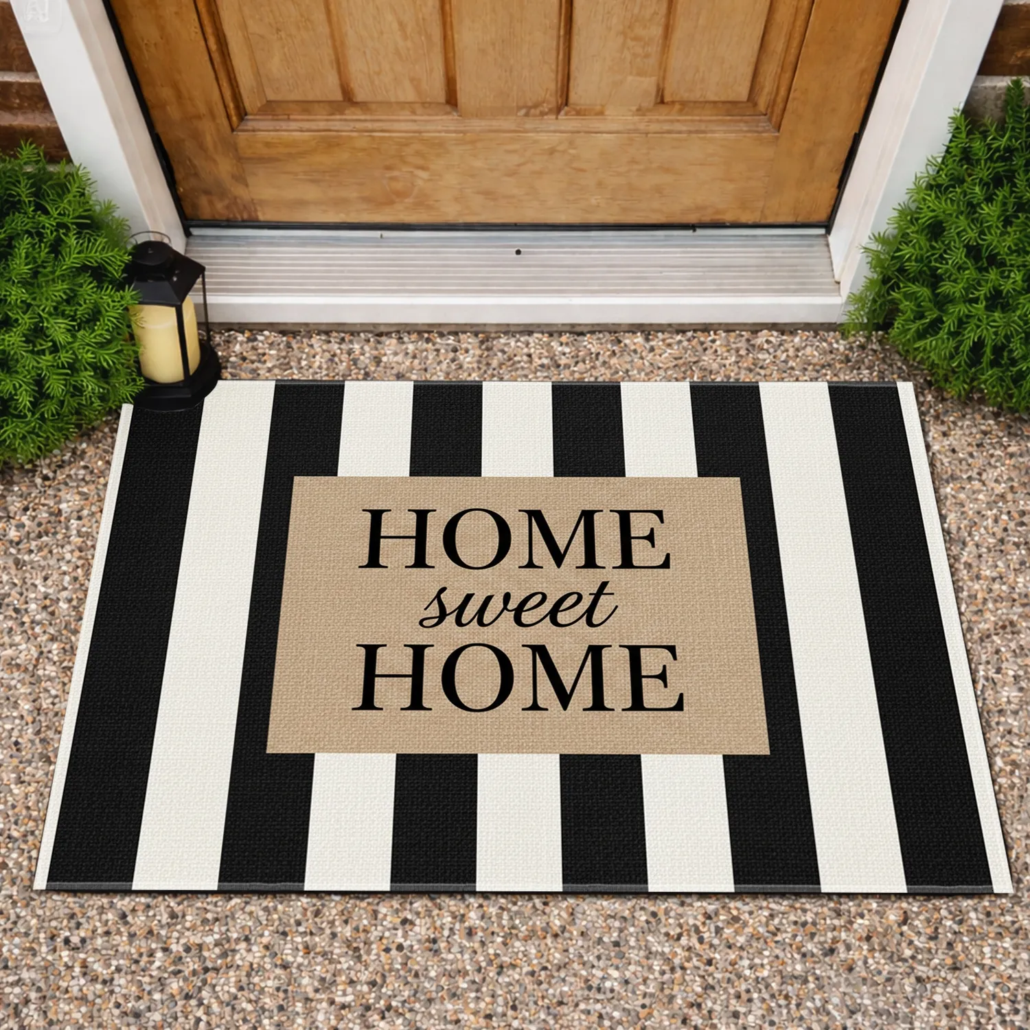 Home Sweet Home Light Brown Black White Striped - Everyday Home Decor Gift for Homeowners Doormat - 1