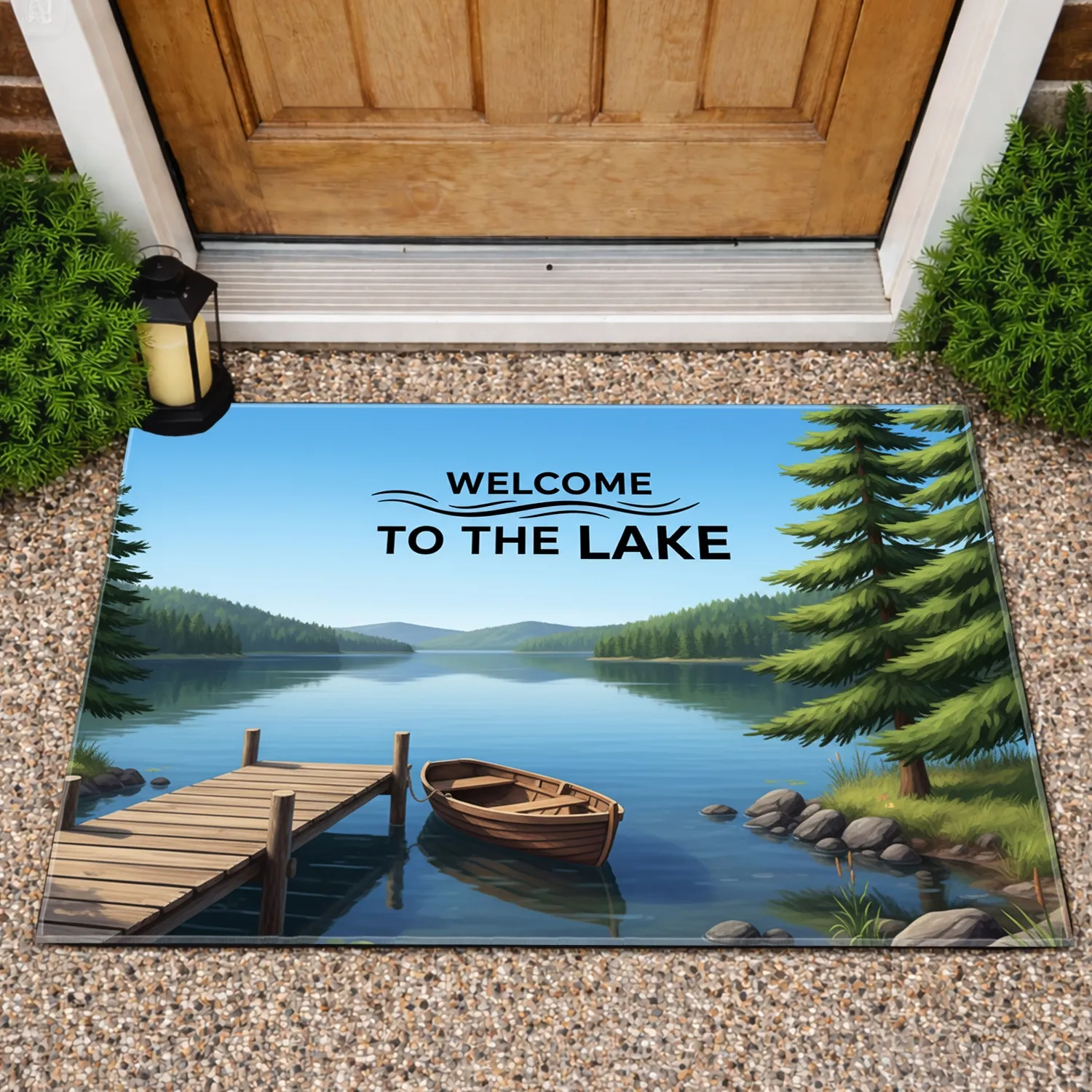 Welcome To The Lake Scene Dock Rowboat - Lake House Home Decor Gift for Lake Lover Doormat - 1