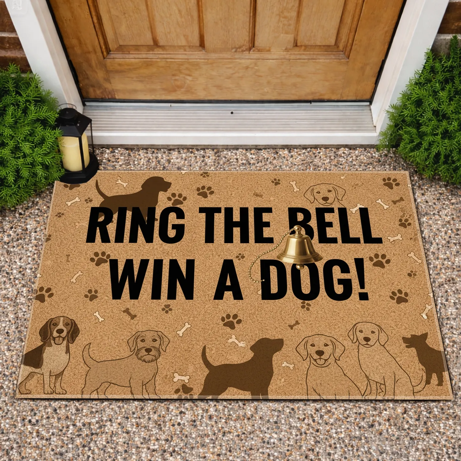 RING THE BELL WIN A DOG! Puppy Dogs Brass Bell - Home Decor for Dog Lover Doormat - 1