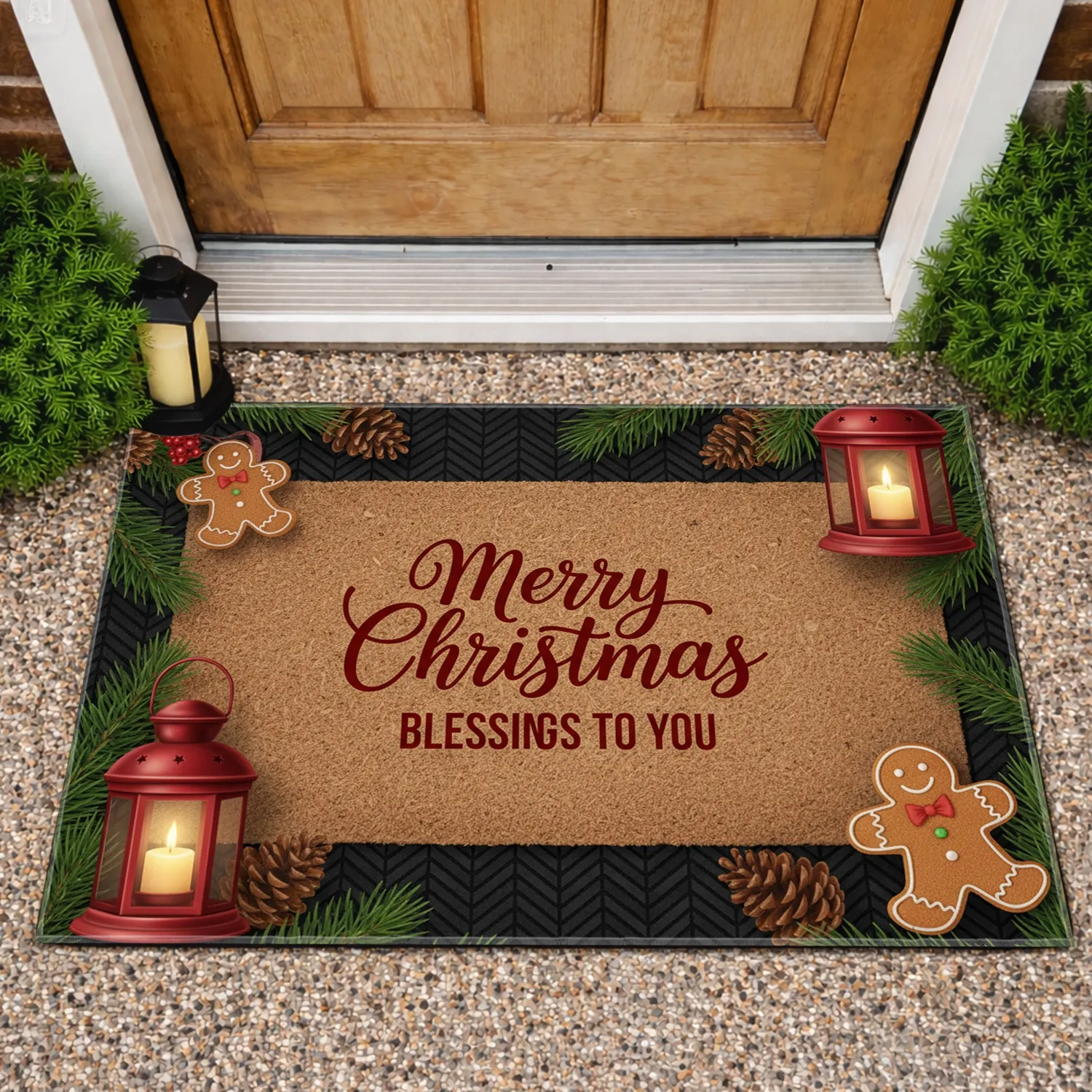 Merry Christmas Blessings Lantern Pinecone Gingerbread - Christmas Holiday Decor Doormat - 1