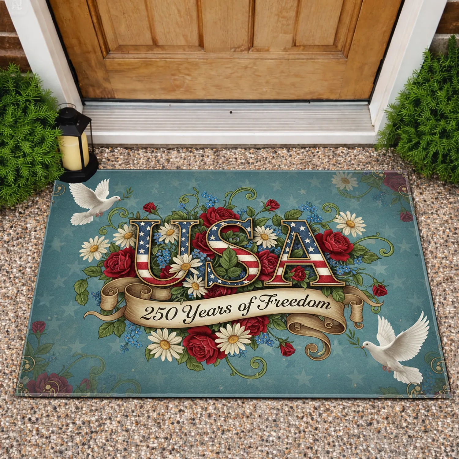 USA Patriotic Doves Roses - 250 Years of Freedom Independence Day Gift Doormat - 1