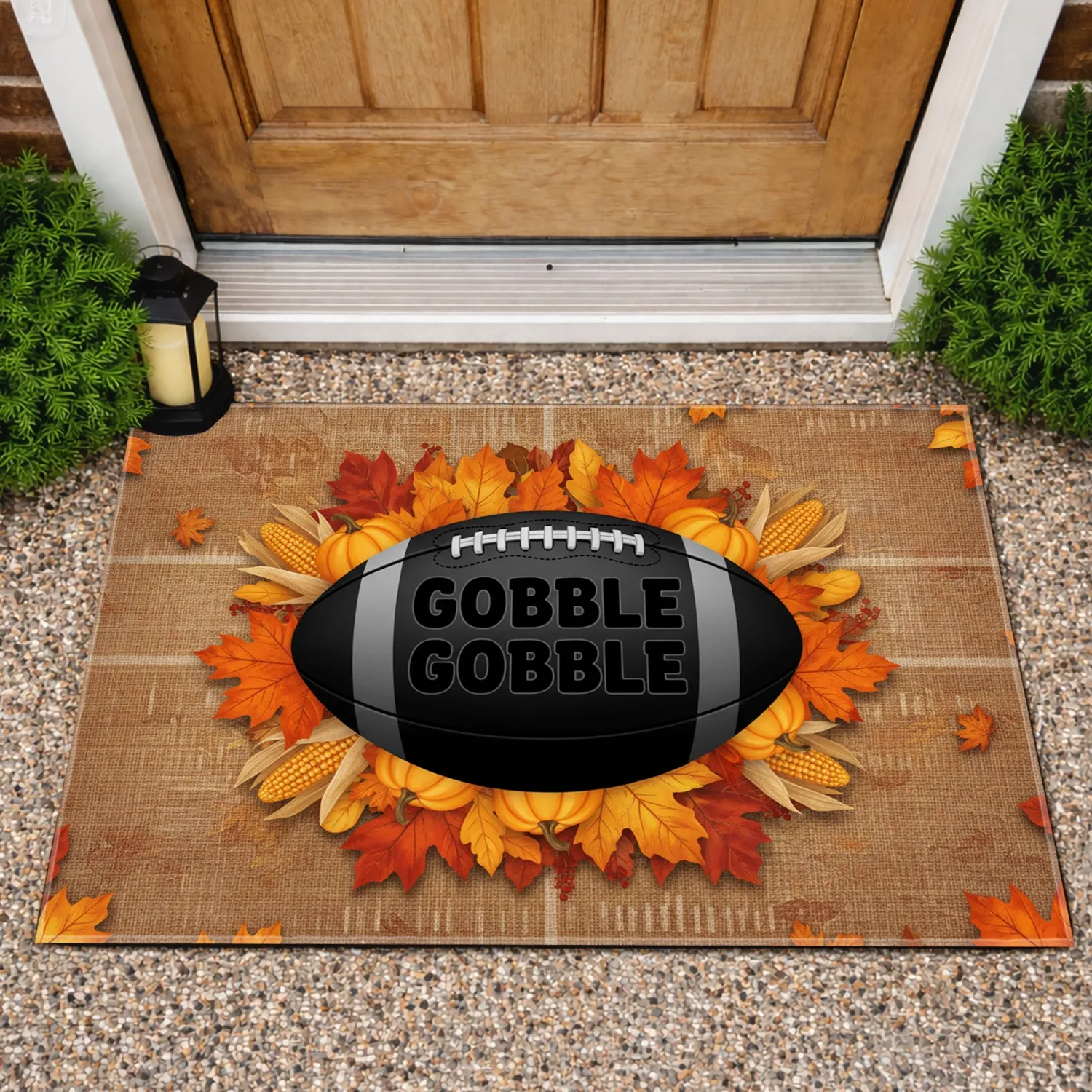 Gobble Gobble Football Fall Leaves - Thanksgiving Day Harvest Decor Doormat - 1