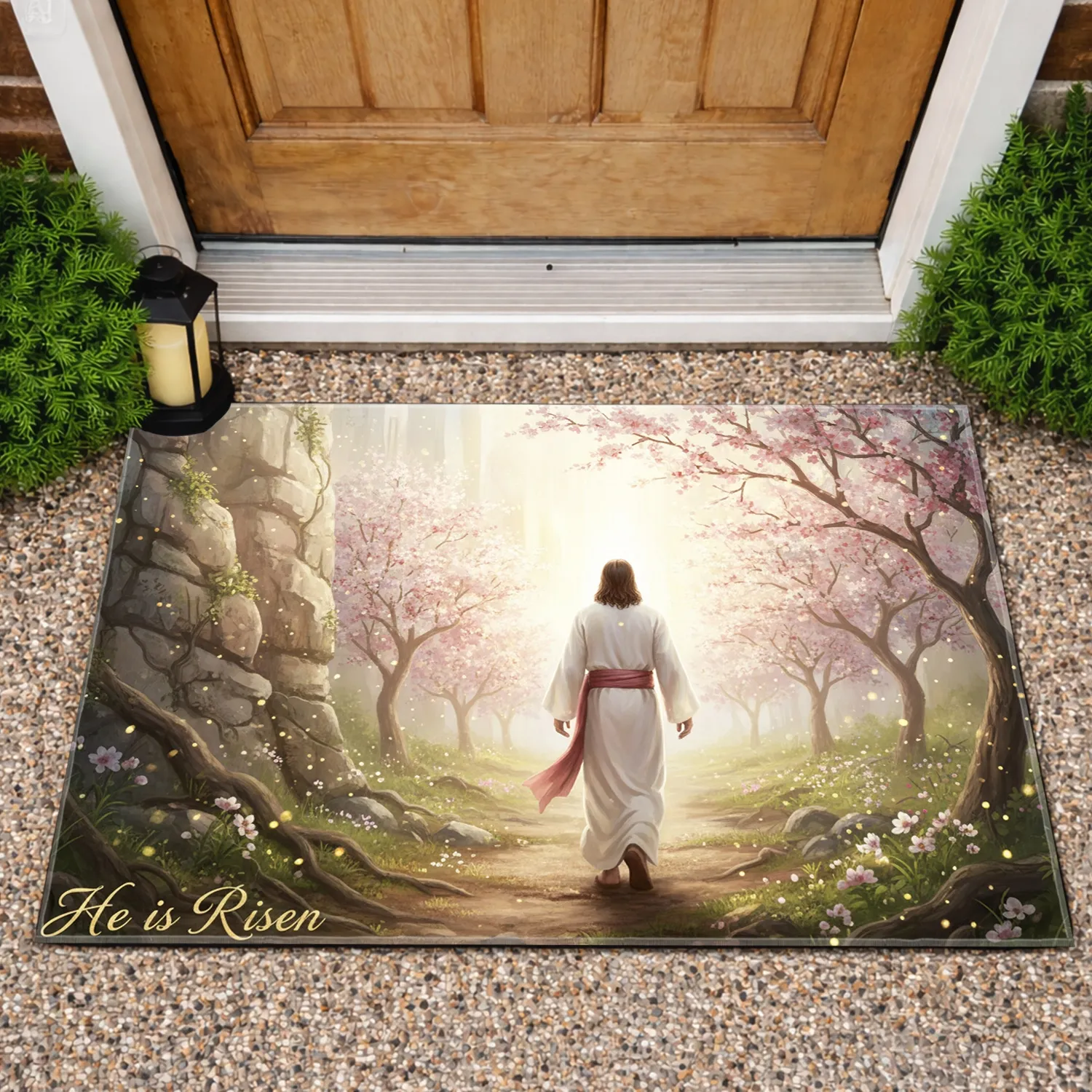 Jesus Risen Path, Flowering Trees - Easter Religious Gift Doormat - 1
