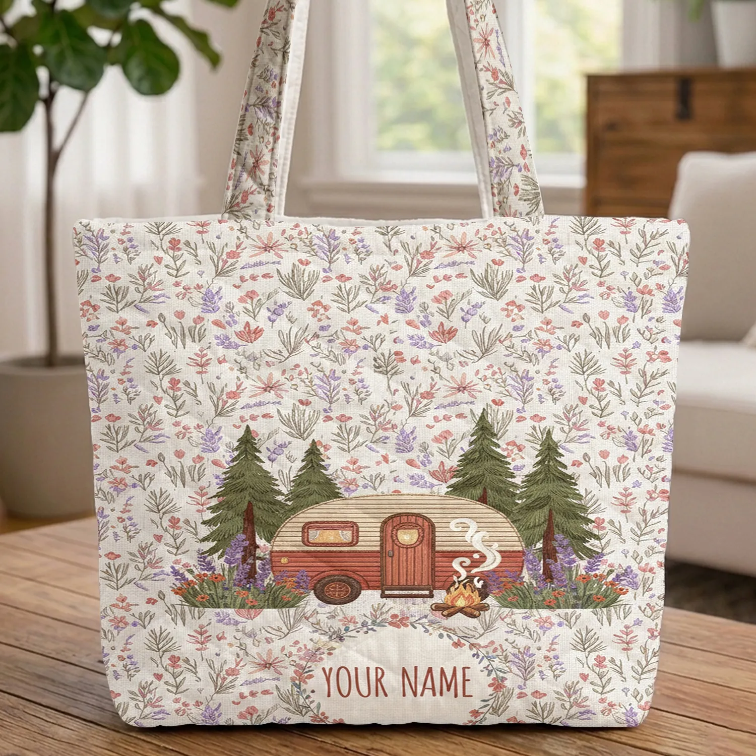 Camper Van Lavender Wildflowers Pine Trees Personalized Name Wreath - Travel Gift Quilted Tote Bag - 1