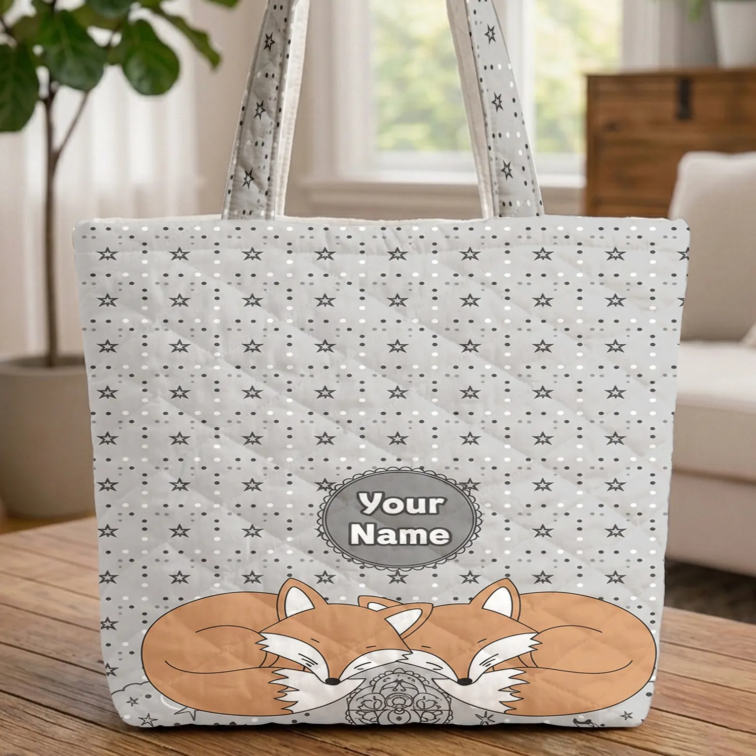 Personalized Sleeping Fox Kits Stars - Fox Lover Gift Quilted Tote Bag - 1