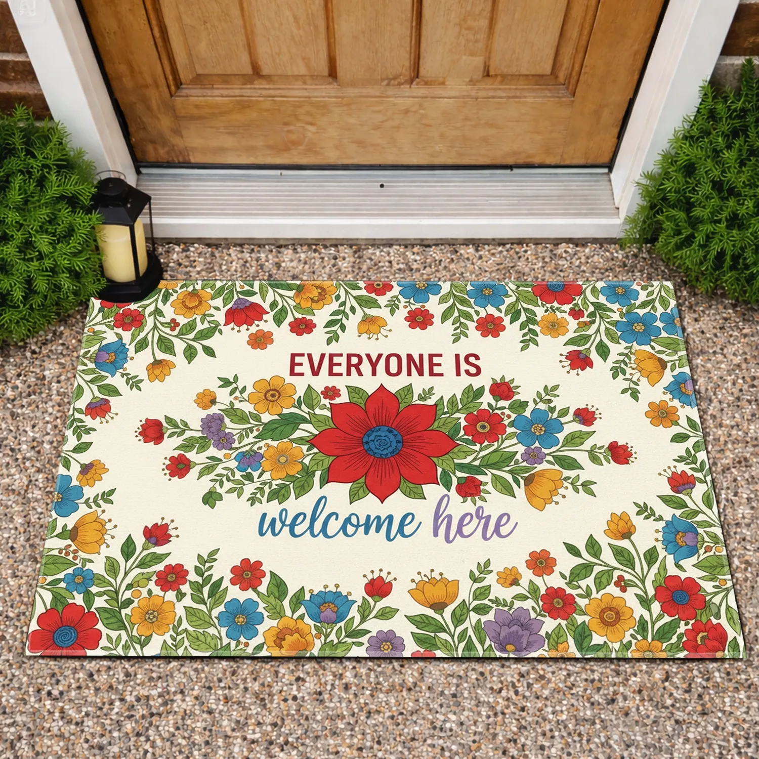 Red Heart Flower Welcome Message Garden Blooms - Friendly Outdoor Home Garden Display Doormat - 1