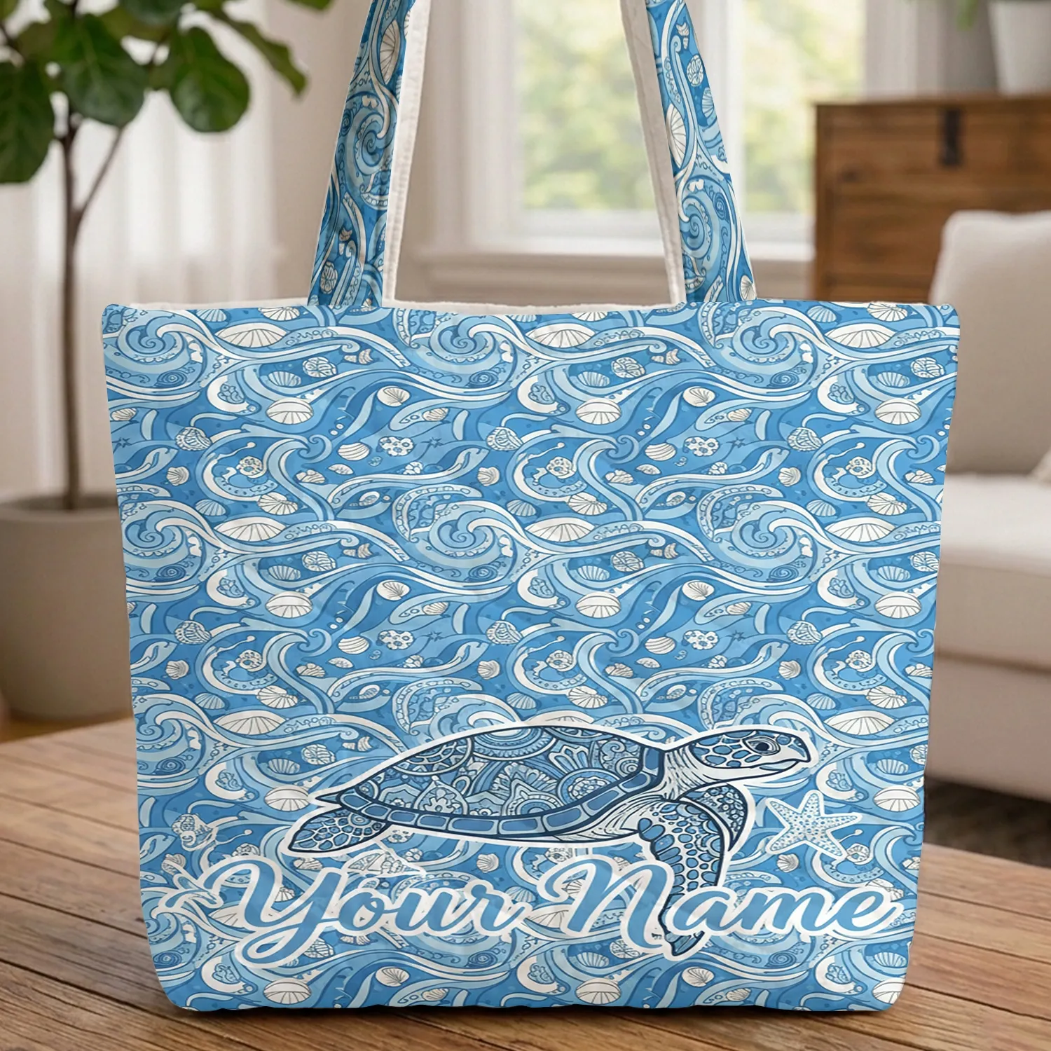 Ornate Sea Turtle Starfish Seashells Ocean Waves Sand Ripples - Coastal Ocean Lover Gift Quilted Tote Bag - 1