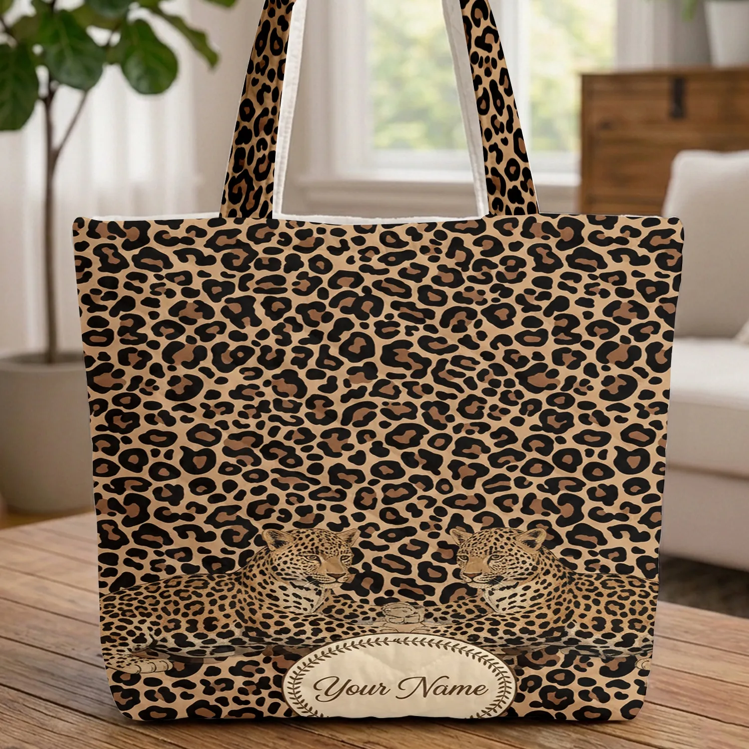 Two Leopard Cubs Leopard Spot Name Medallion Leafy Border - Wildlife Lover Gift for Leopard Lovers Quilted Tote Bag - 1