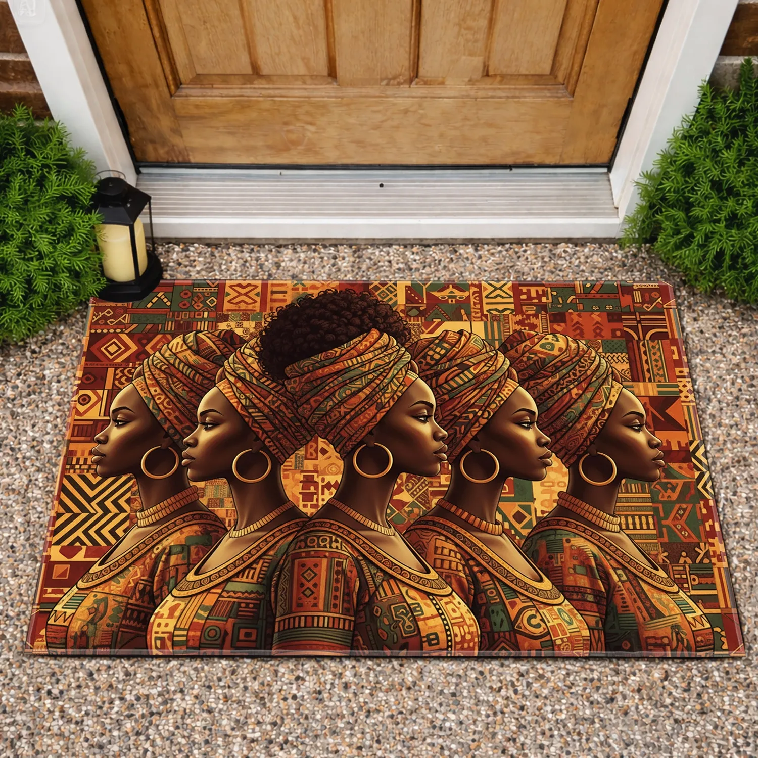 African Women Traditional Wraps Gold Earrings - Heritage Home Decor Gift Doormat - 1